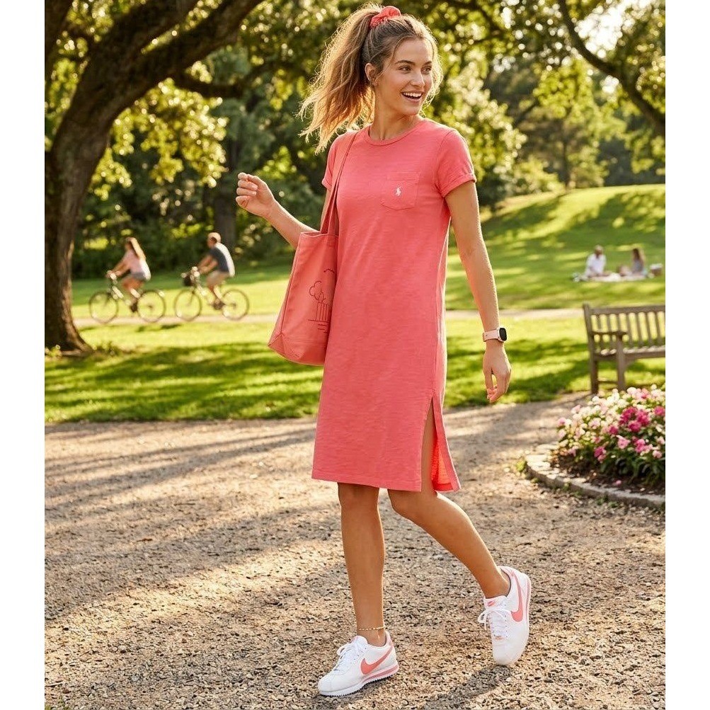 Polo Ralph Lauren T-Shirt Dress Womens XL Pink Slub Cotton Pocket Midi Side Slit