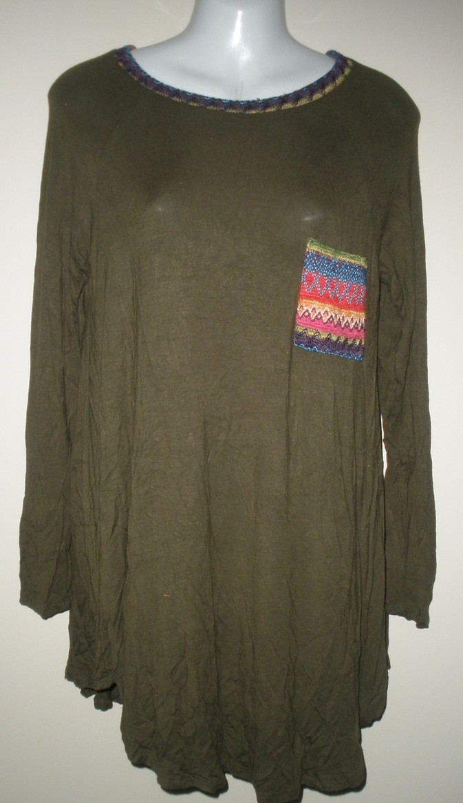 #M Bellamie XL Tunic army Green Woven Stitched Accents Stretch Boho Hippie