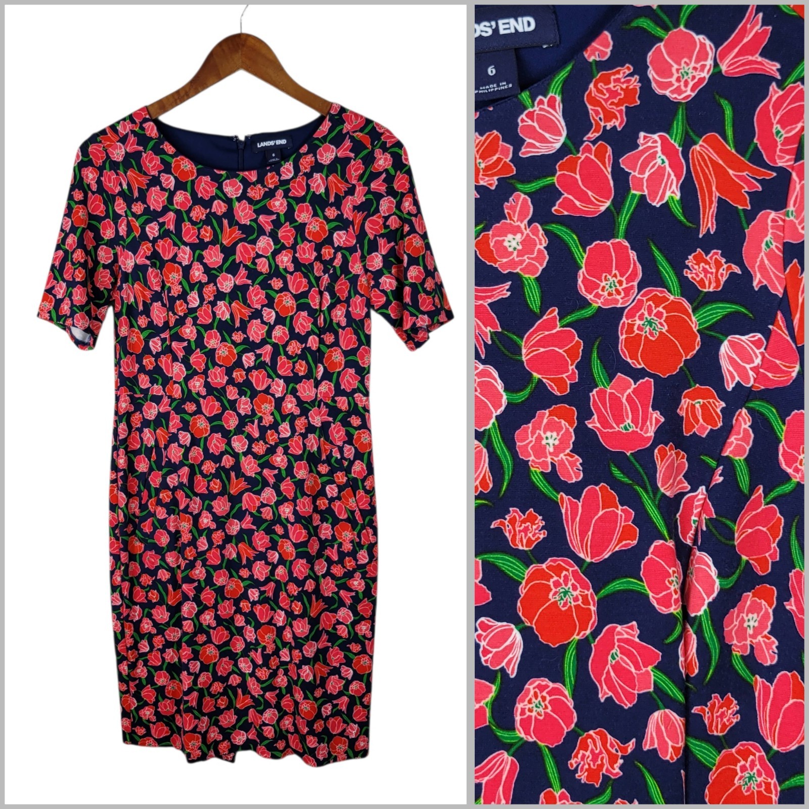 Lands End Shirt Dress Size 6 Pockets Floral Blue Pink Knee Length Tulip Poppy