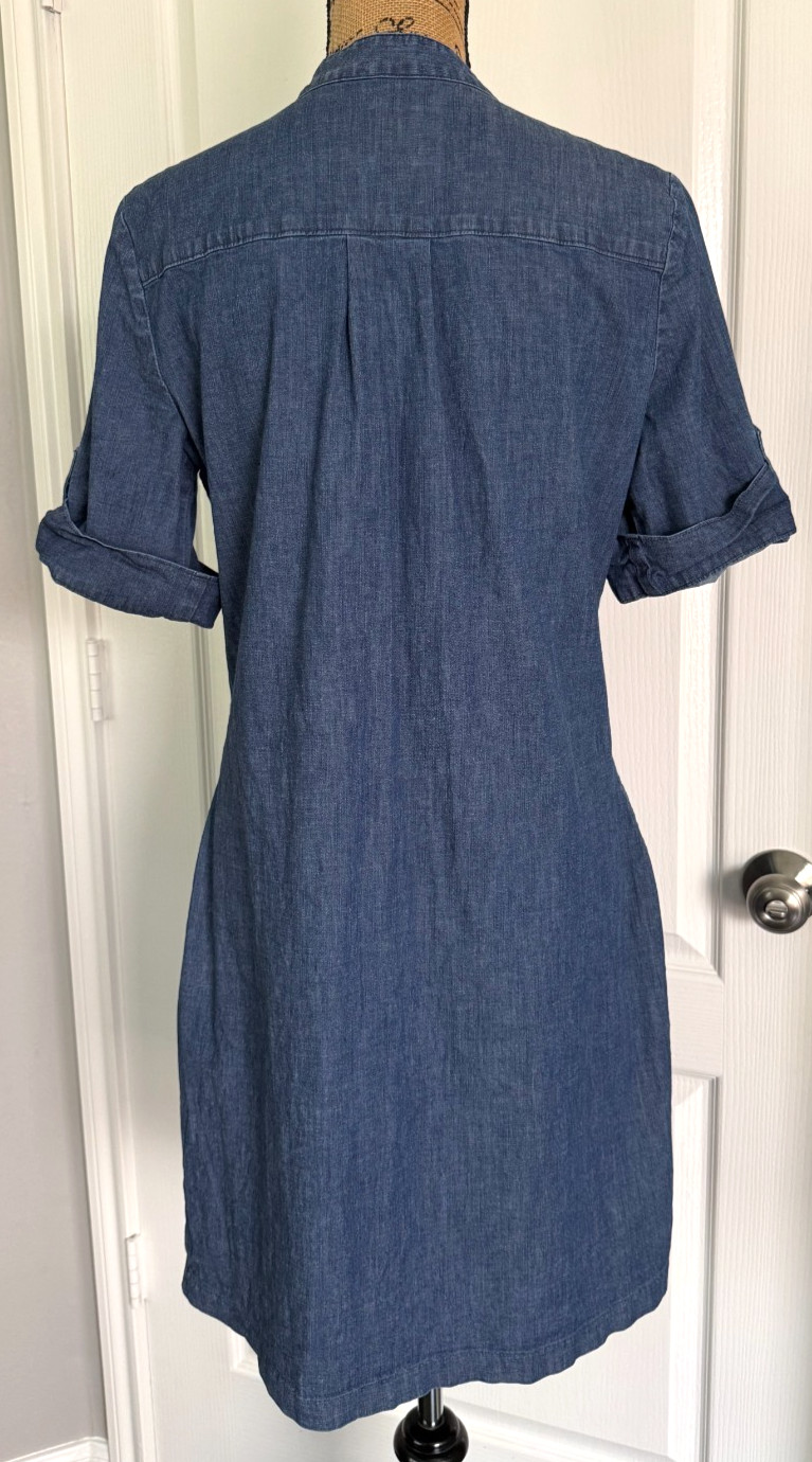 Anne Klein Dress Short Cuffed Sleeve Denim Chambray 1/4 Zip V-Neck Cotton 10