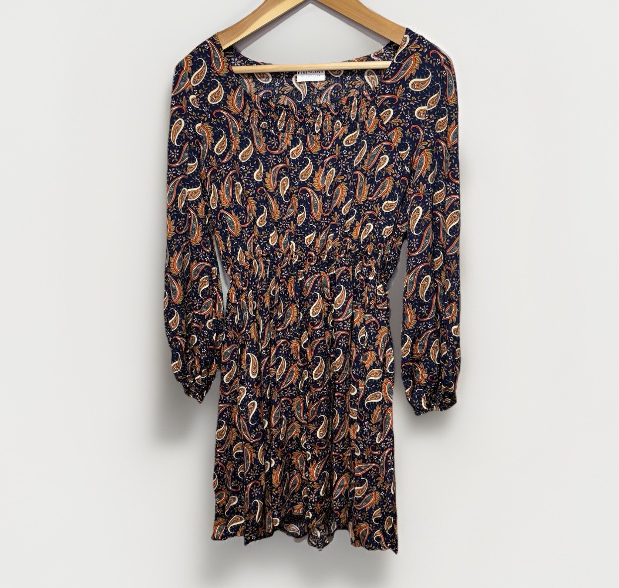 First Love by Lovelyn Dress Women’s 3X Boho Paisley Long Sleeve Rayon Navy Rust