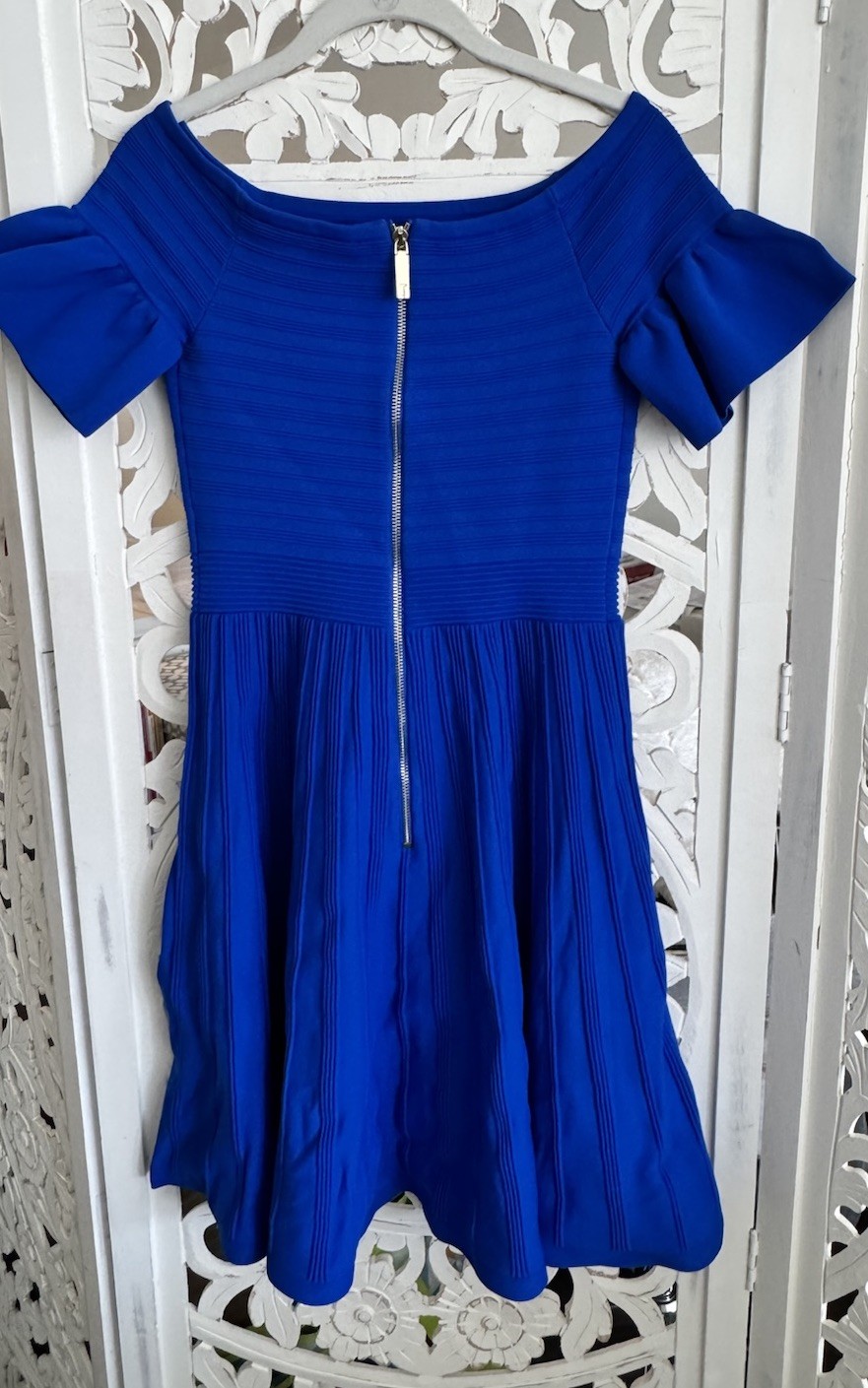 Ted Baker Criptum Off Shoulder Frill Knit Skater Dress, Blue, Size 2 (US 6)