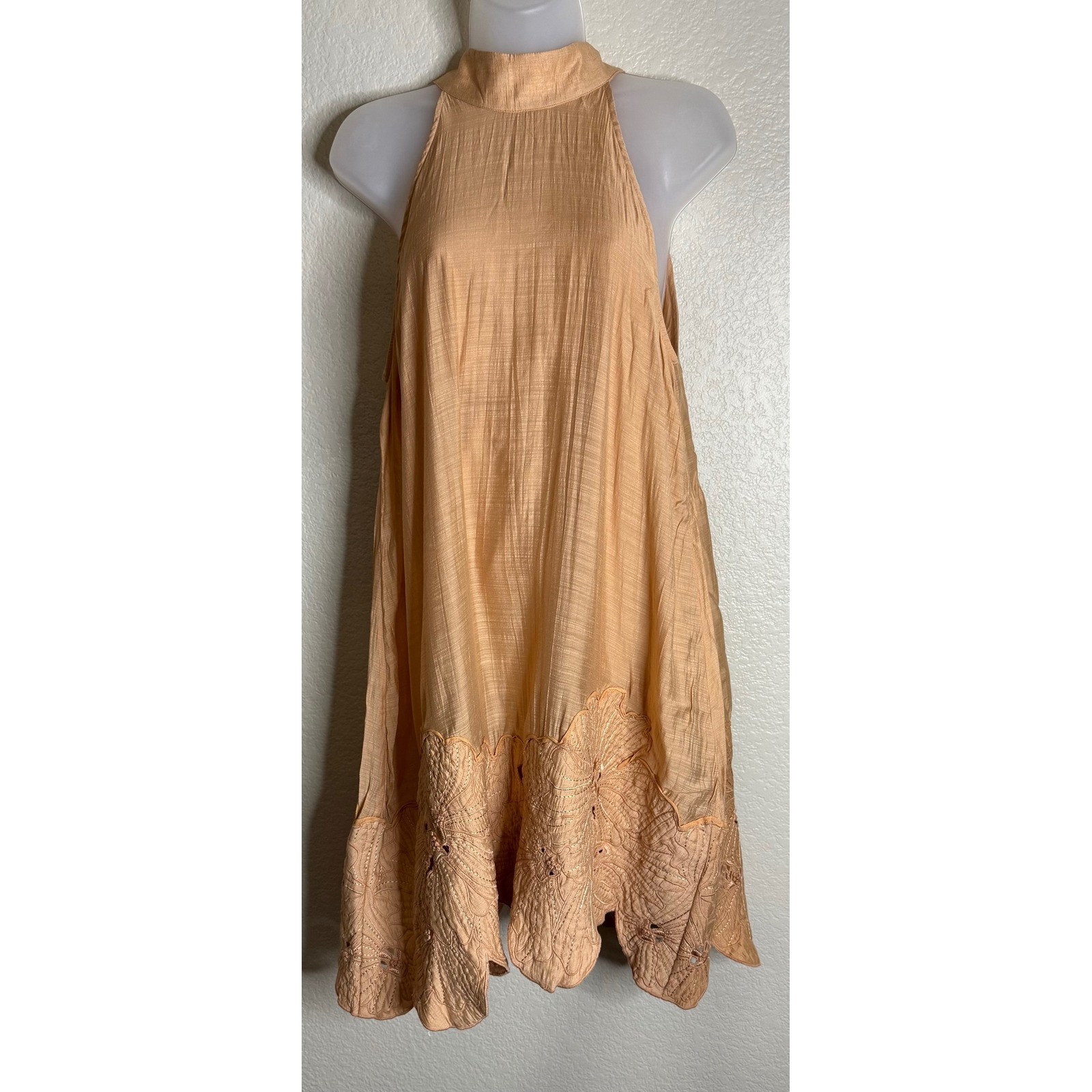 Anthropologie Womens XS Floral Cutwork Eyelet Halter Dress Peach Boho Western