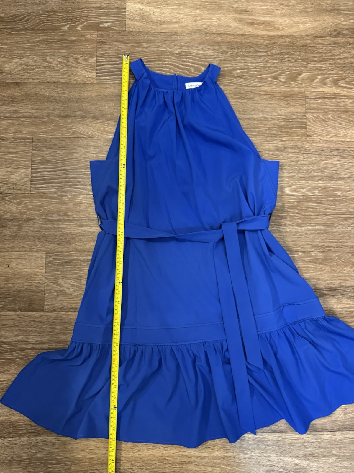 Calvin Klein Blue Halter Sleeveless Belted Ruffle Hem Shift Dress 14
