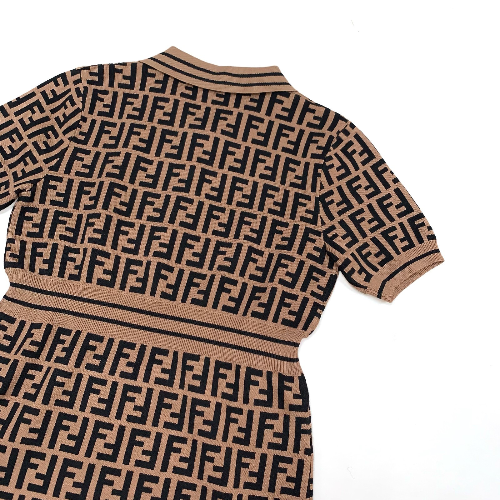 Fendi Zucca FF Monogram Logo Knitted Polo Stretched Dress Brown 38 (S) Size