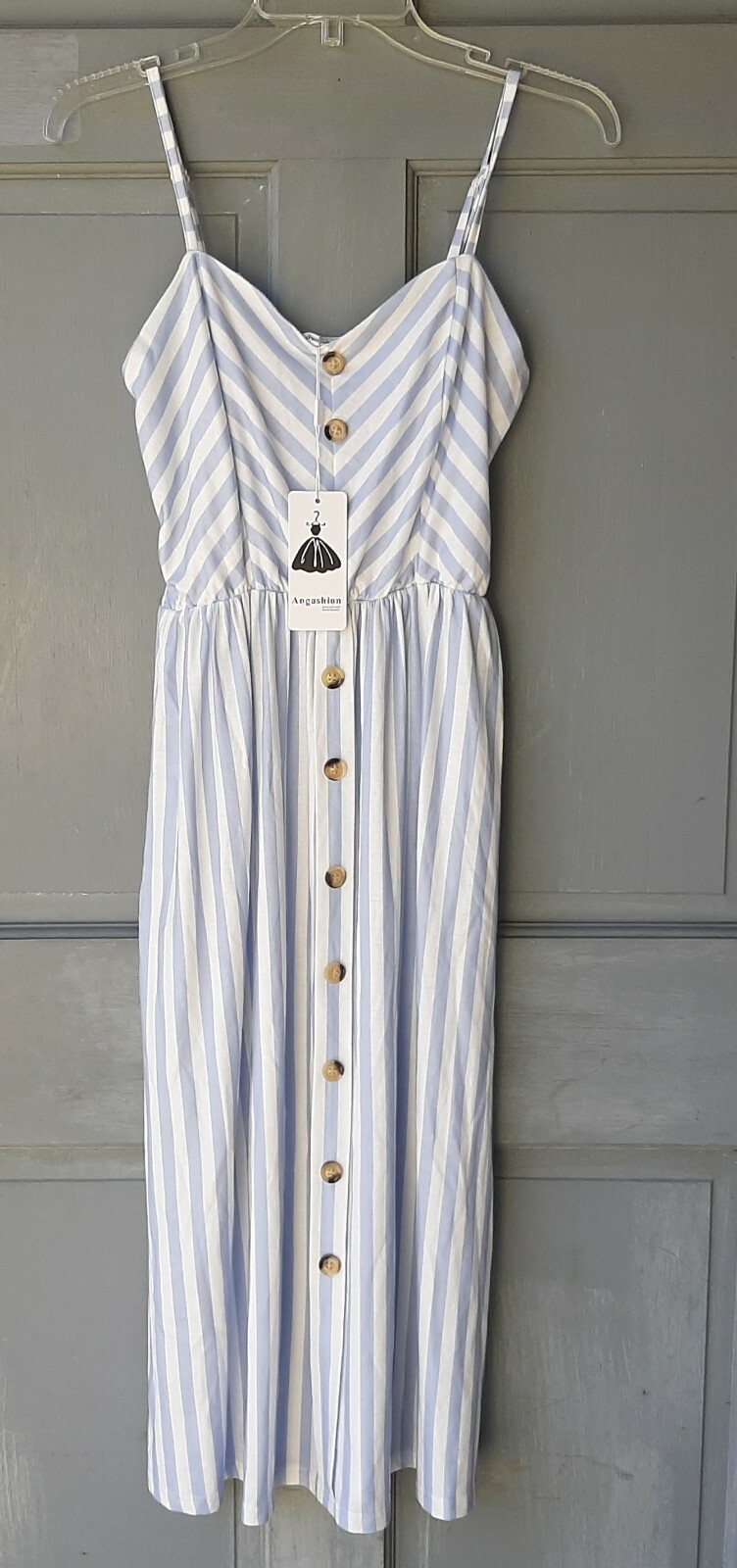 New Angashion Dress Blue White Stripe Lining Spaghetti Straps Size 30 In Bust