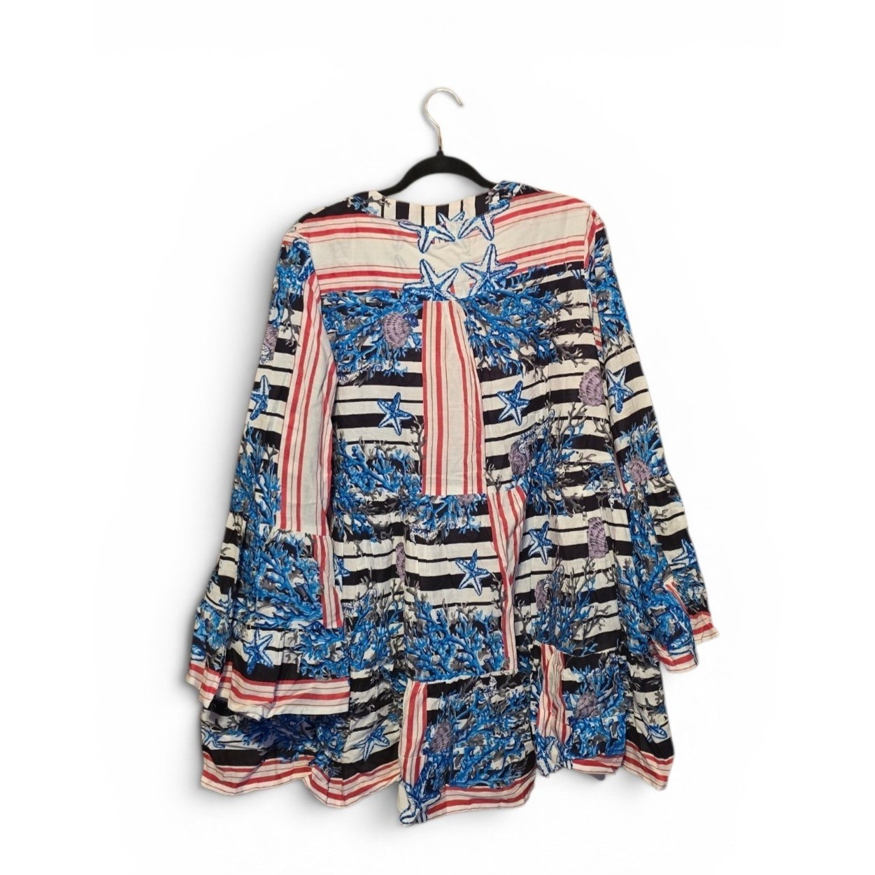 POL Coastal Starfish Stripe Sequin Beaded Cotton Mini Dress SMQH15 Blue Red M