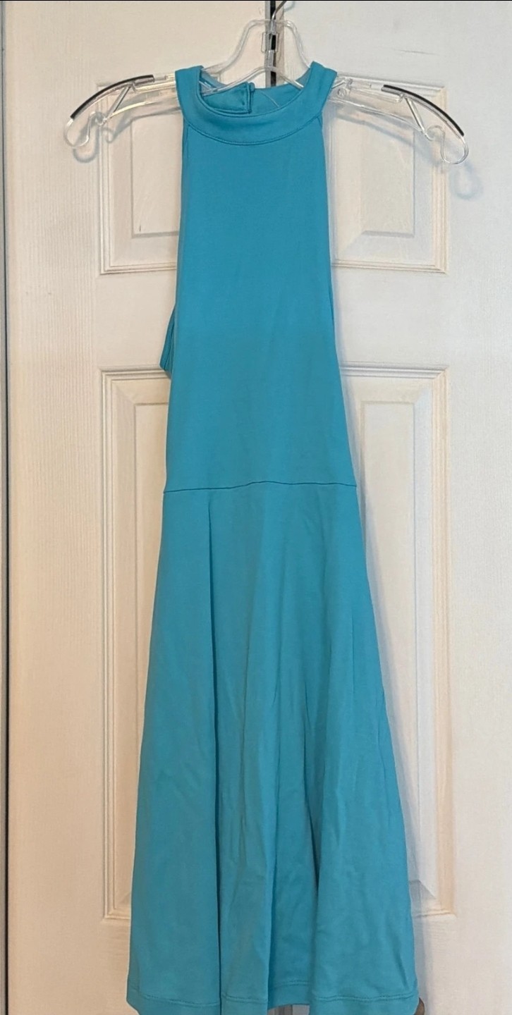 New York & Company Women’s Blue A-Line Dress Solid High Neck Button Back L