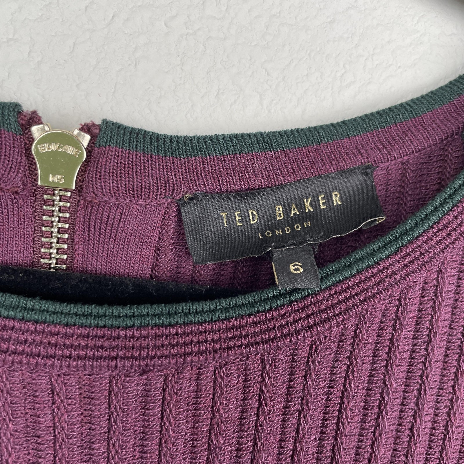 Ted Baker Dress Wmn 6 Purple Ribbed Knit Fit & Flare Skater Half Sleeve Back Zip
