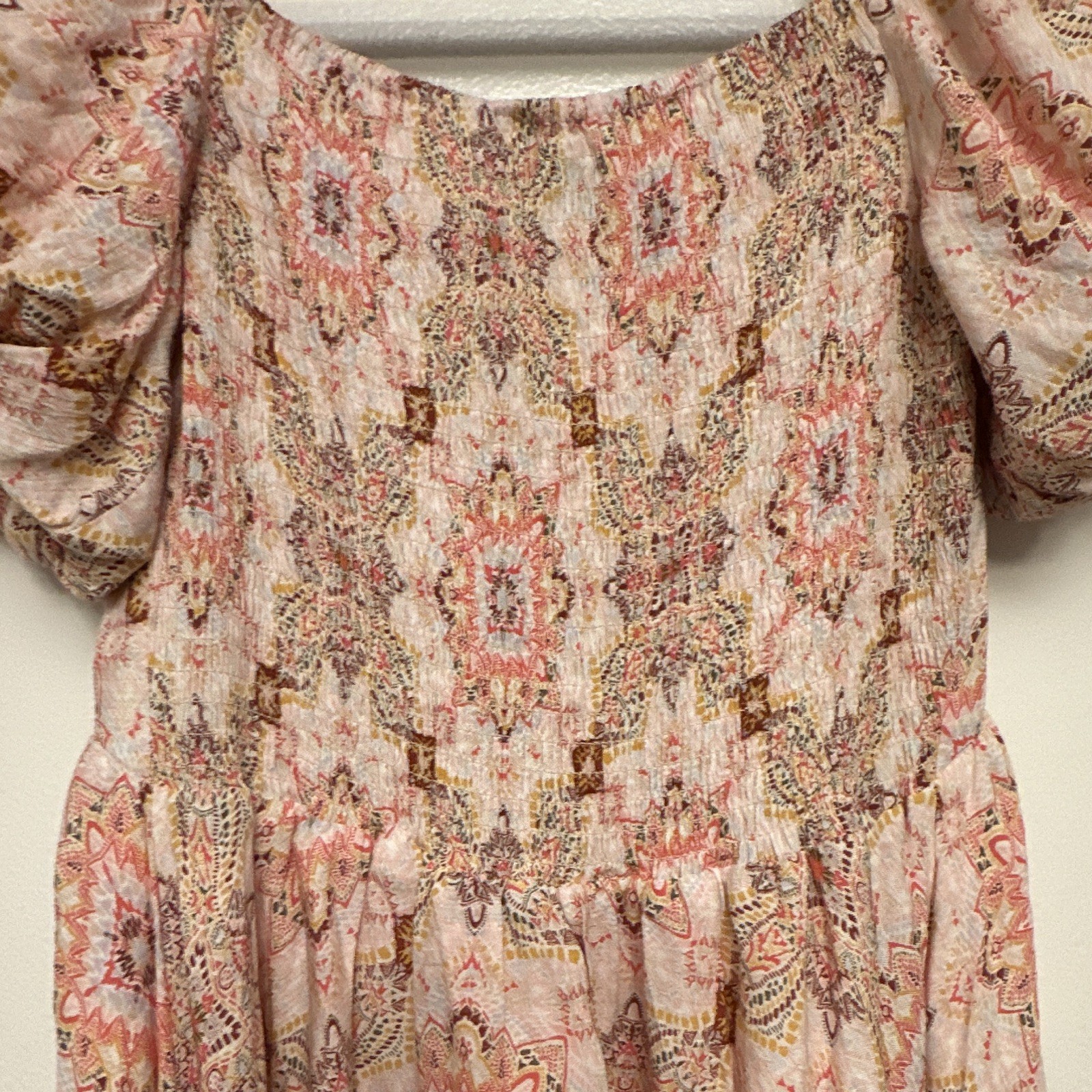 SIXDO Pink Paisley Square Neck Puff Sleeve Knee Chiffon Polyester Dress S