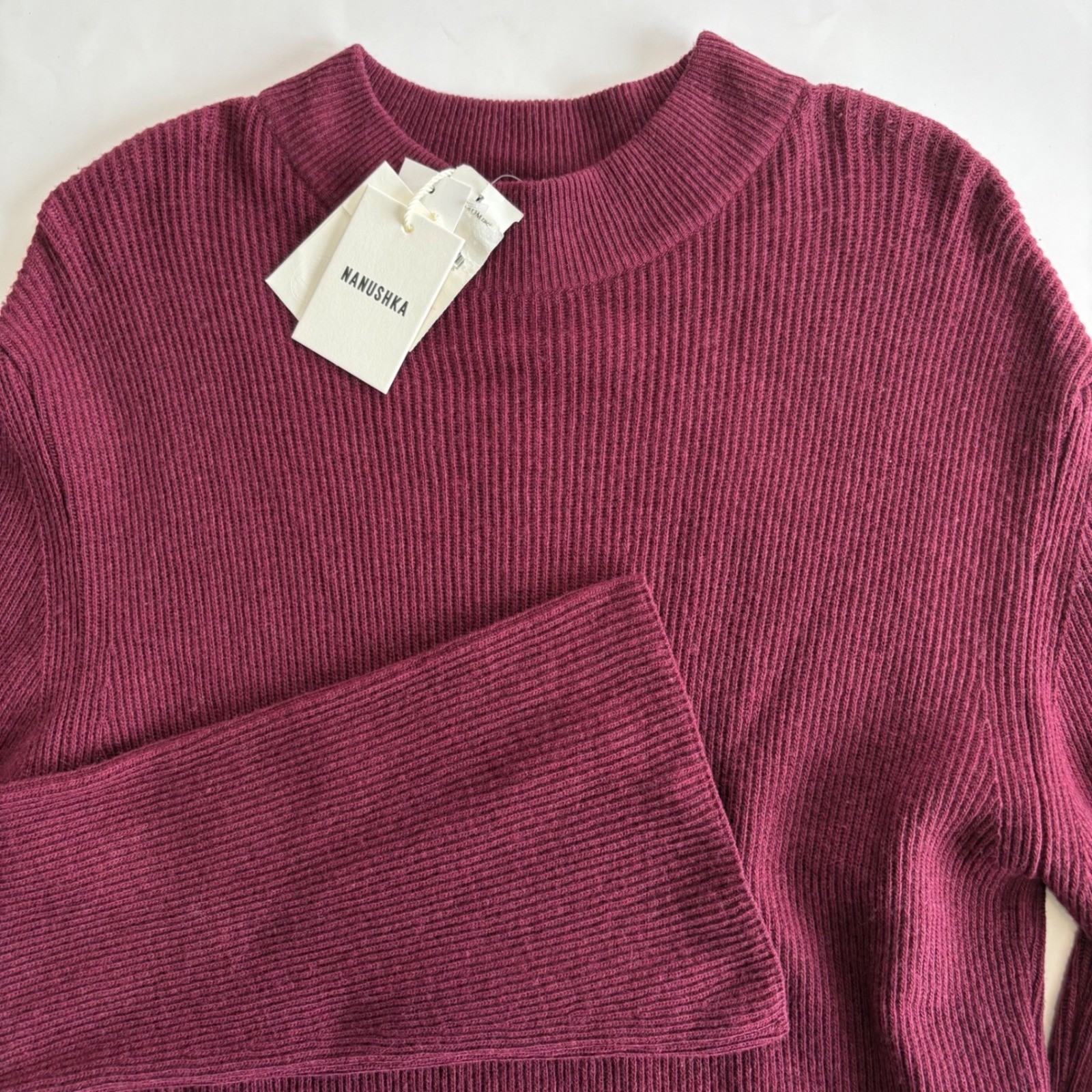 Nanushka Medium Berry Maroon Bell Sleeve Wool Cashmere Blend Knit Mini Dress Rib