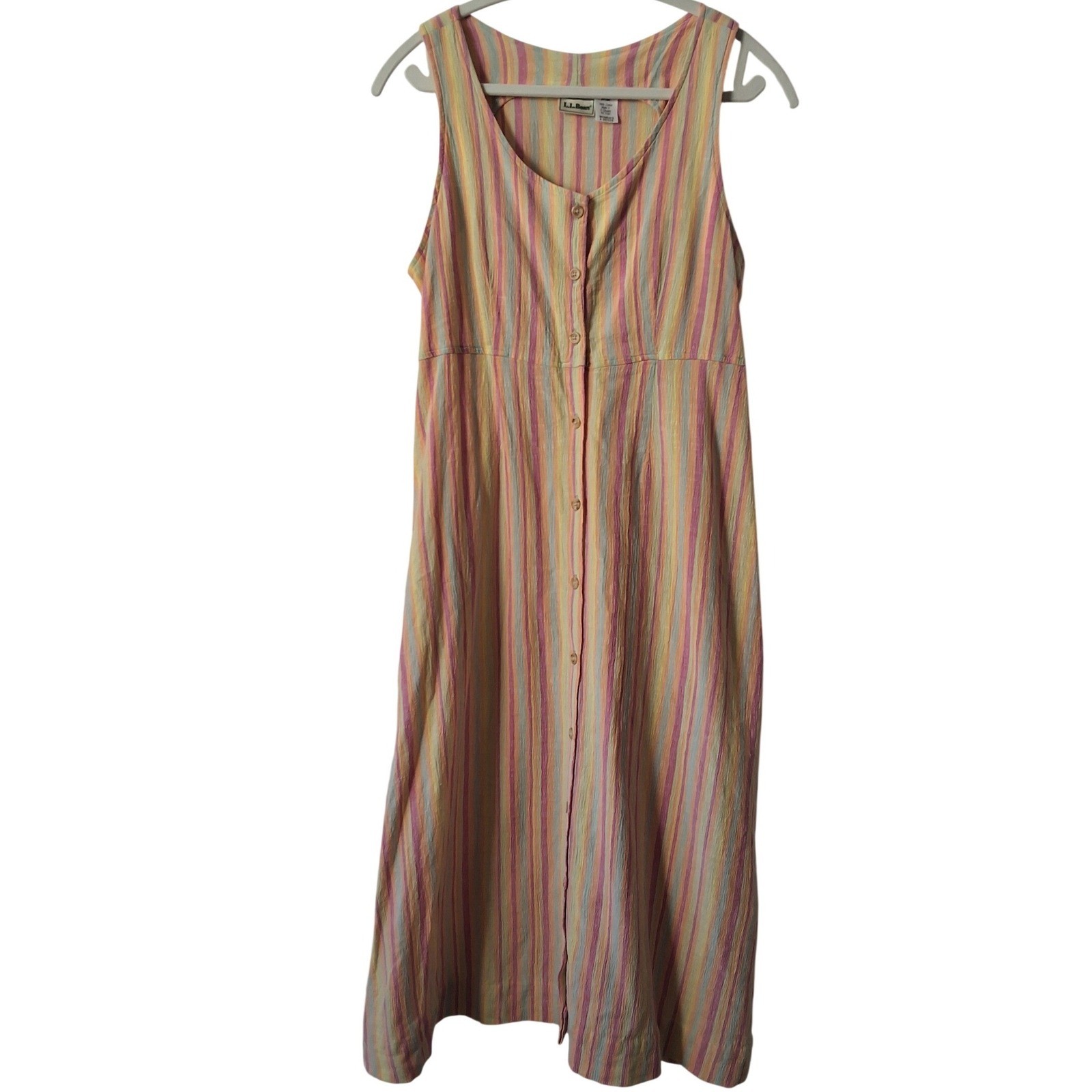 L.L Bean Women 8 Petite Midi Dress Seersucker Button Up Cotton Eco Mom 90’s Y2K
