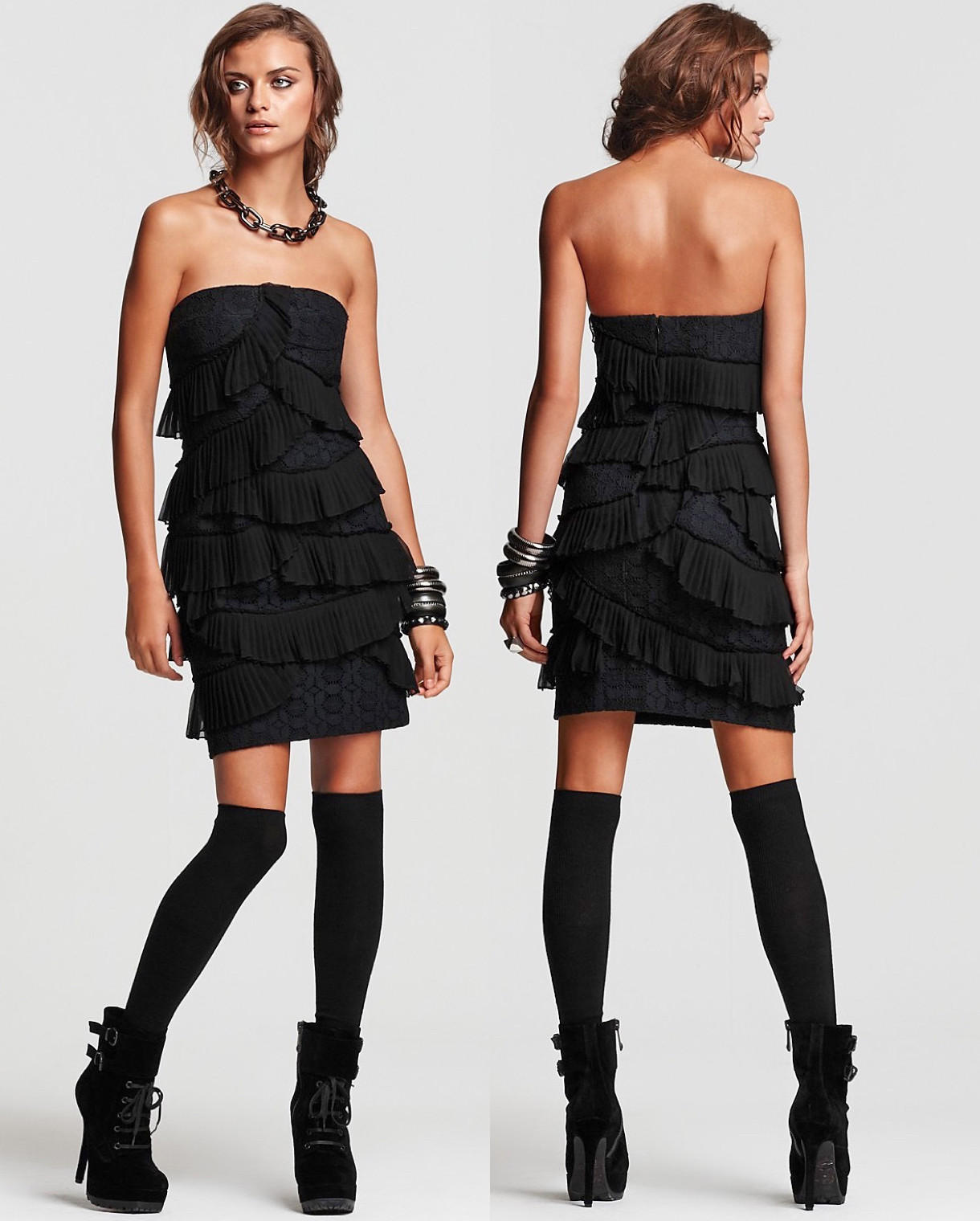 Cynthia Steffe SAM Black Lace Pleated Ruffle Strapless Dress