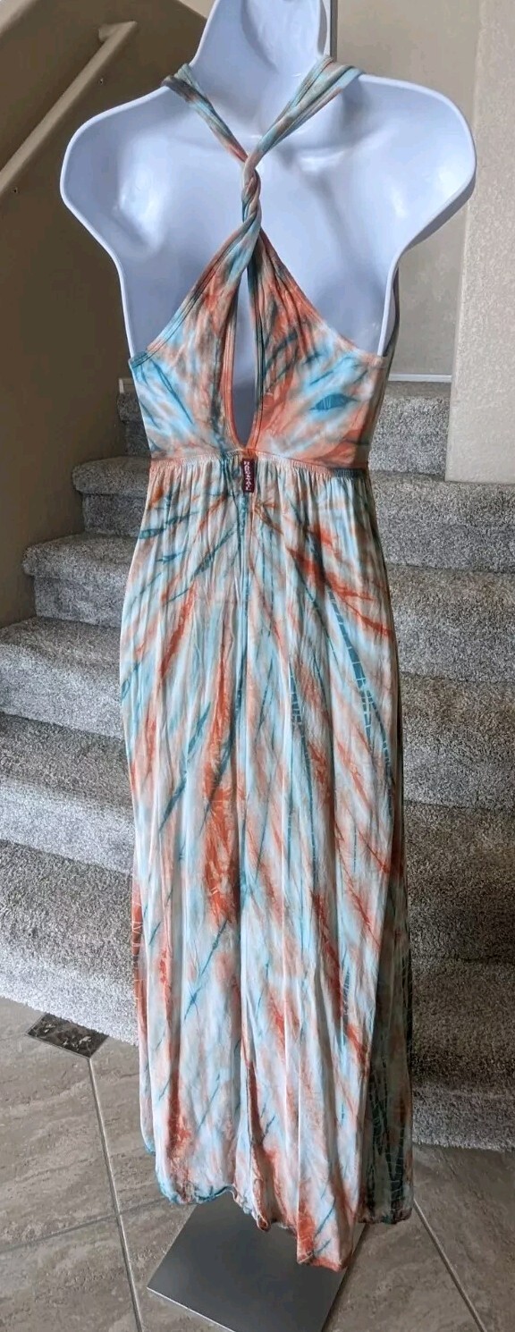 Hard Tail Twist Back Dress (S) Green Orange Tie Dye Maxi Cutout Breezy Flowy