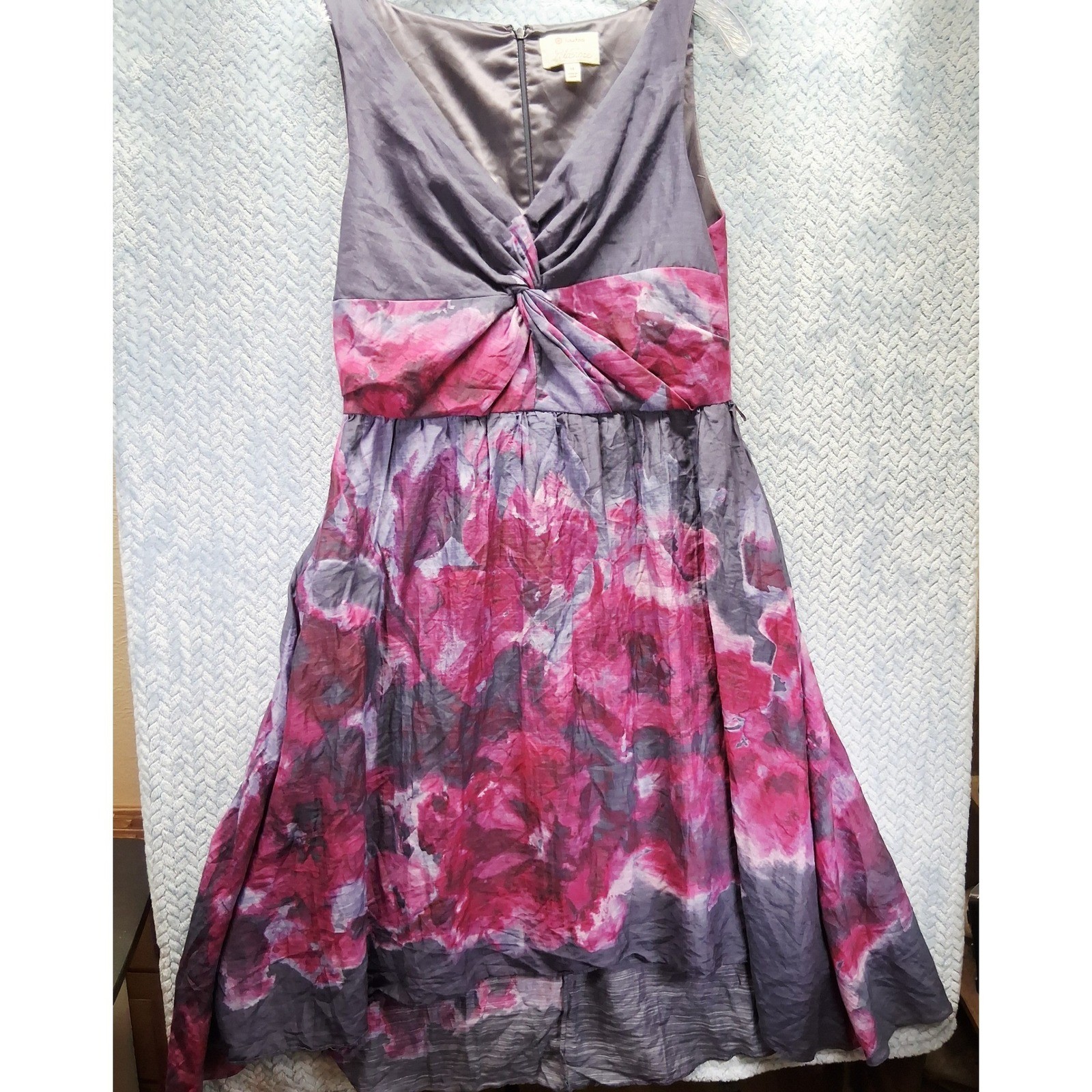 Lela Rose Neiman Marcus Floral High Low Dress Grey Pink Silk Blend Size 14