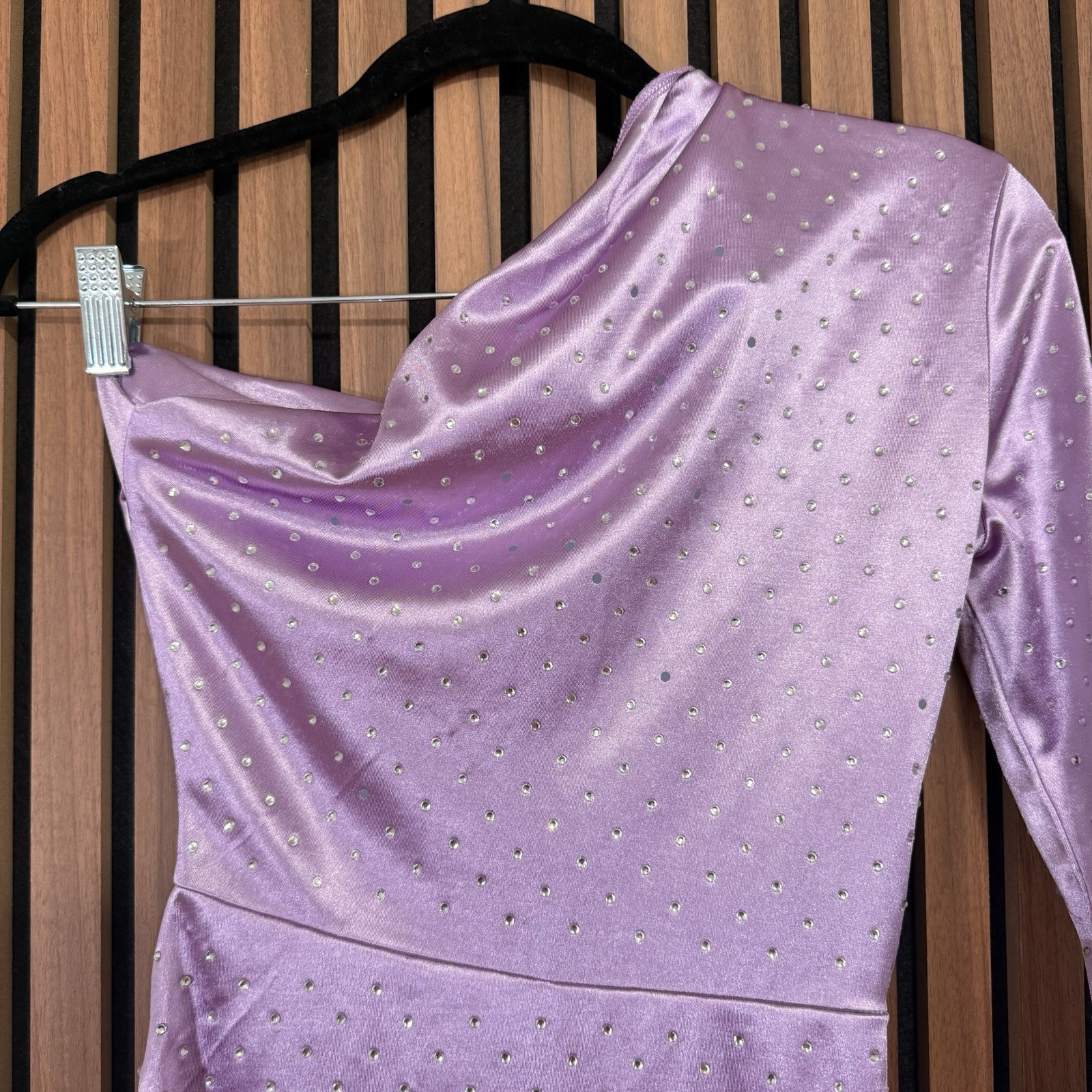 Maje Purple Satin One Shoulder Ruched Rhinestone Mini Dress Zip Long Sleeve 34