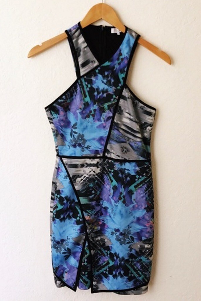 New Parker Blue Multi Tobias Scuba Neoprene Halter Stretch Bodycon Mini Dress M