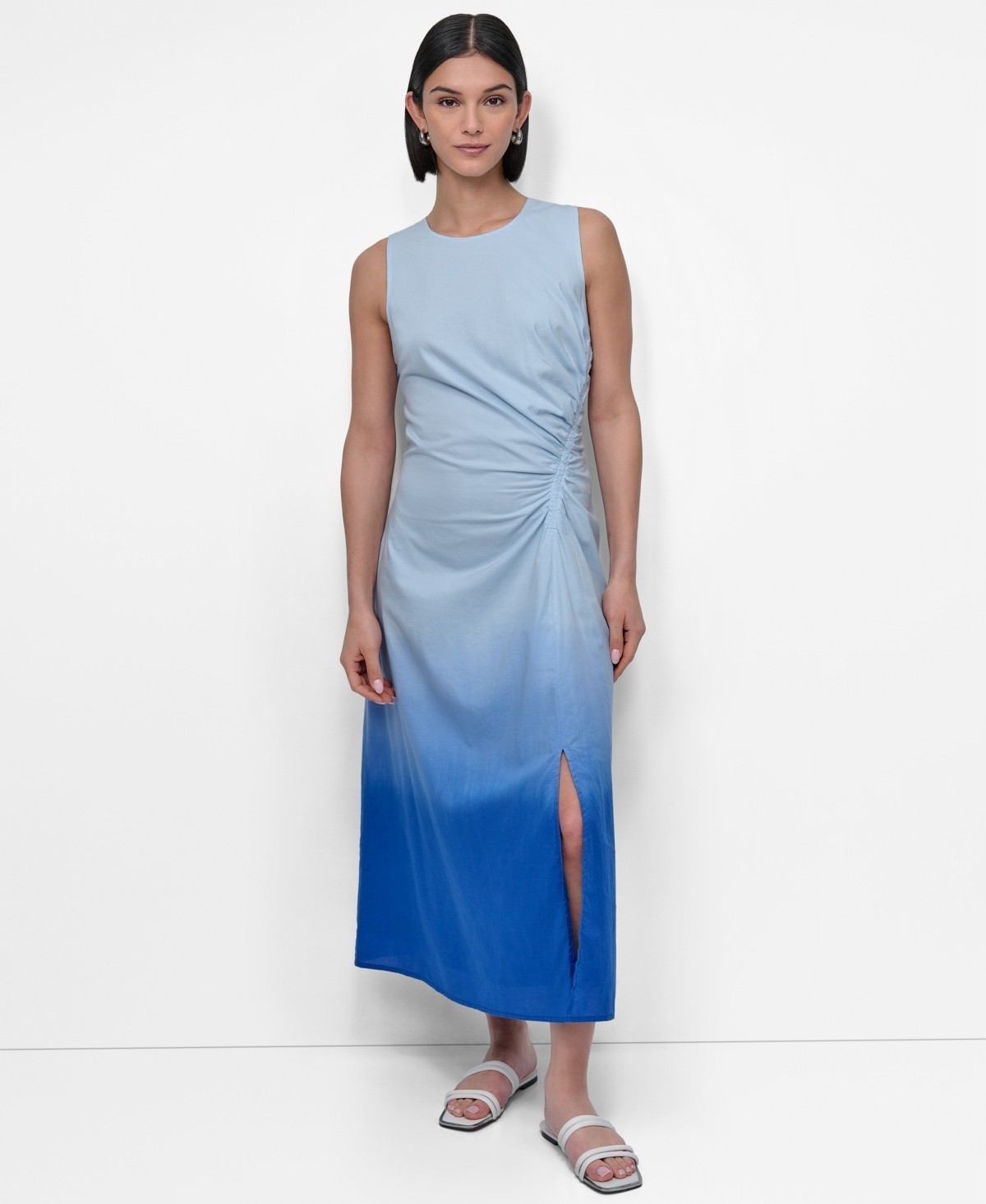 DKNY Dip-Dye Side-Ruched Midi Dress Women’s 16 Dip Dye Cornflower Sleeveless