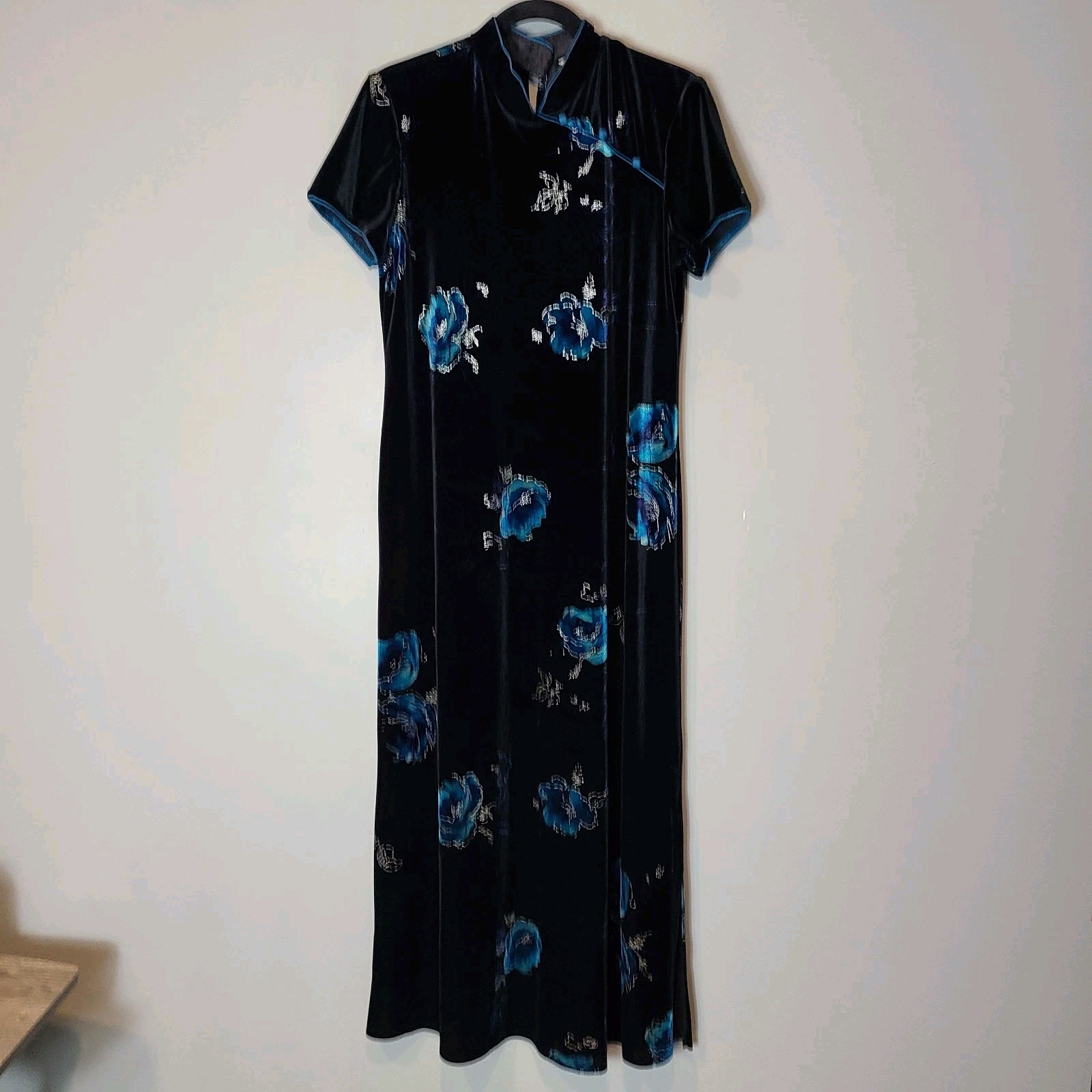Gothic Victorian Maxi Dress Sparkle Floral Qipao Velvet Cheongsam Sz Large 90s