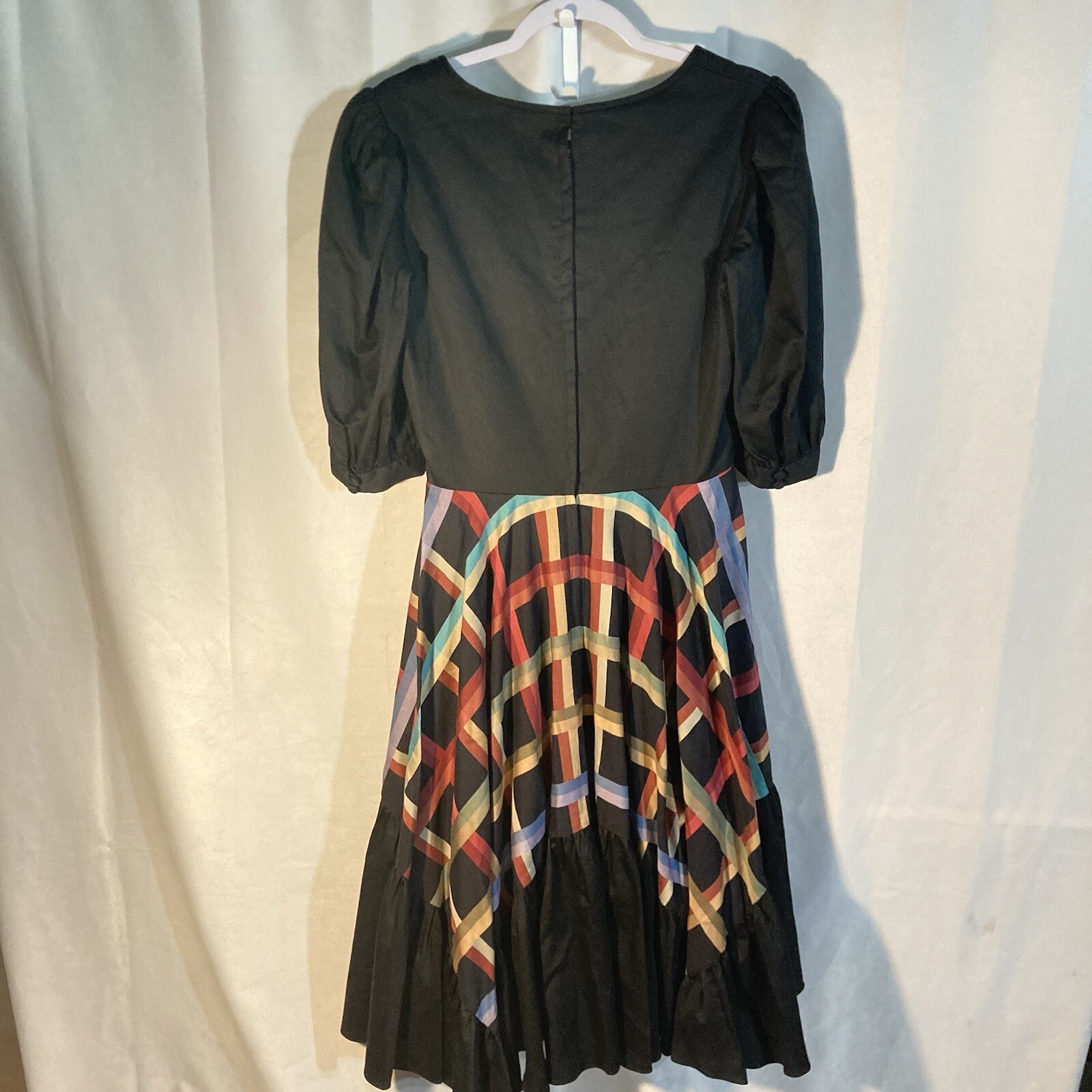 Vintage FINE FEATHERS black multicolor plaid scoop neck circle dress 10