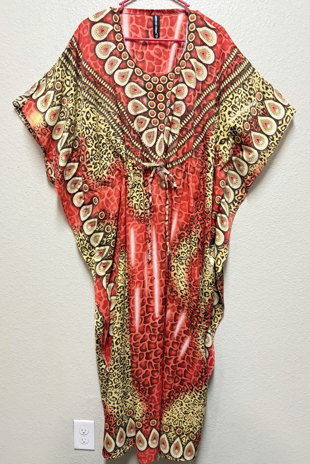 American Leisure Red Brown Beige Animal Print Kaftan Dress Round Neck Long One
