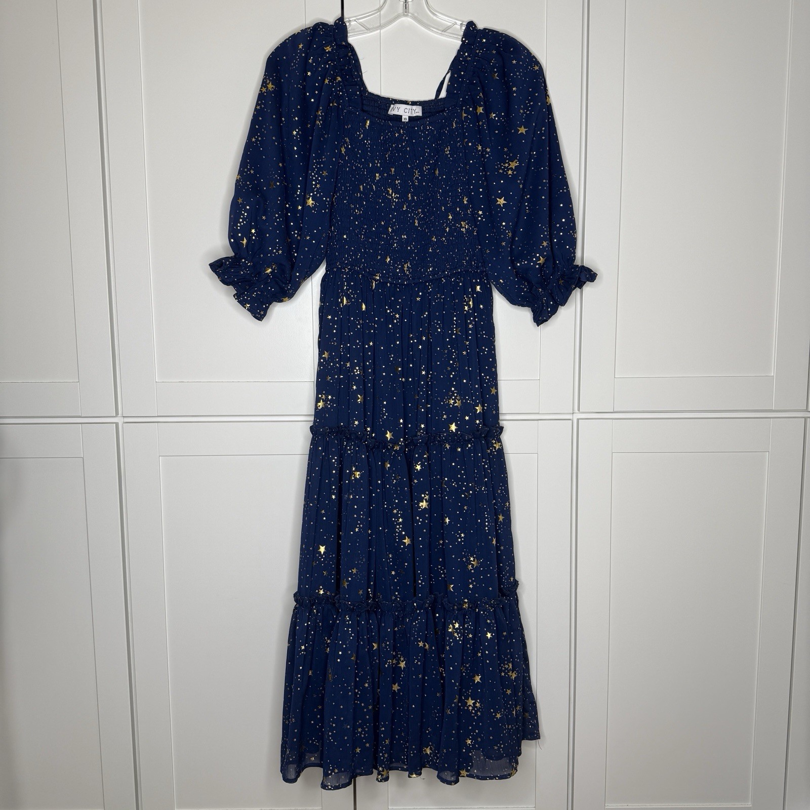 Ivy City Co Womens XS Navy Blue Metallic Gold Star Print Midi/Maxi Dress Gown!