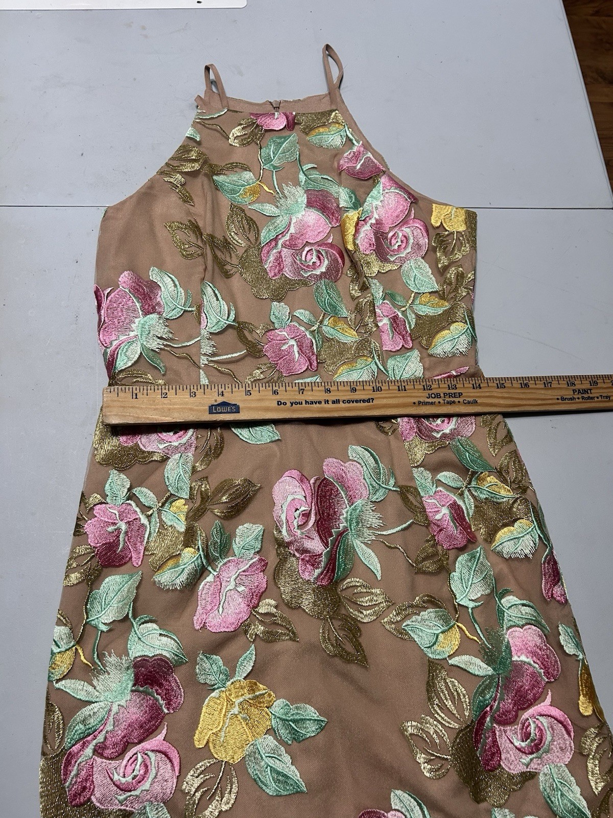 Dress The Population Floral Halter Sheath Dress Beige Tan Green Pink Size Medium