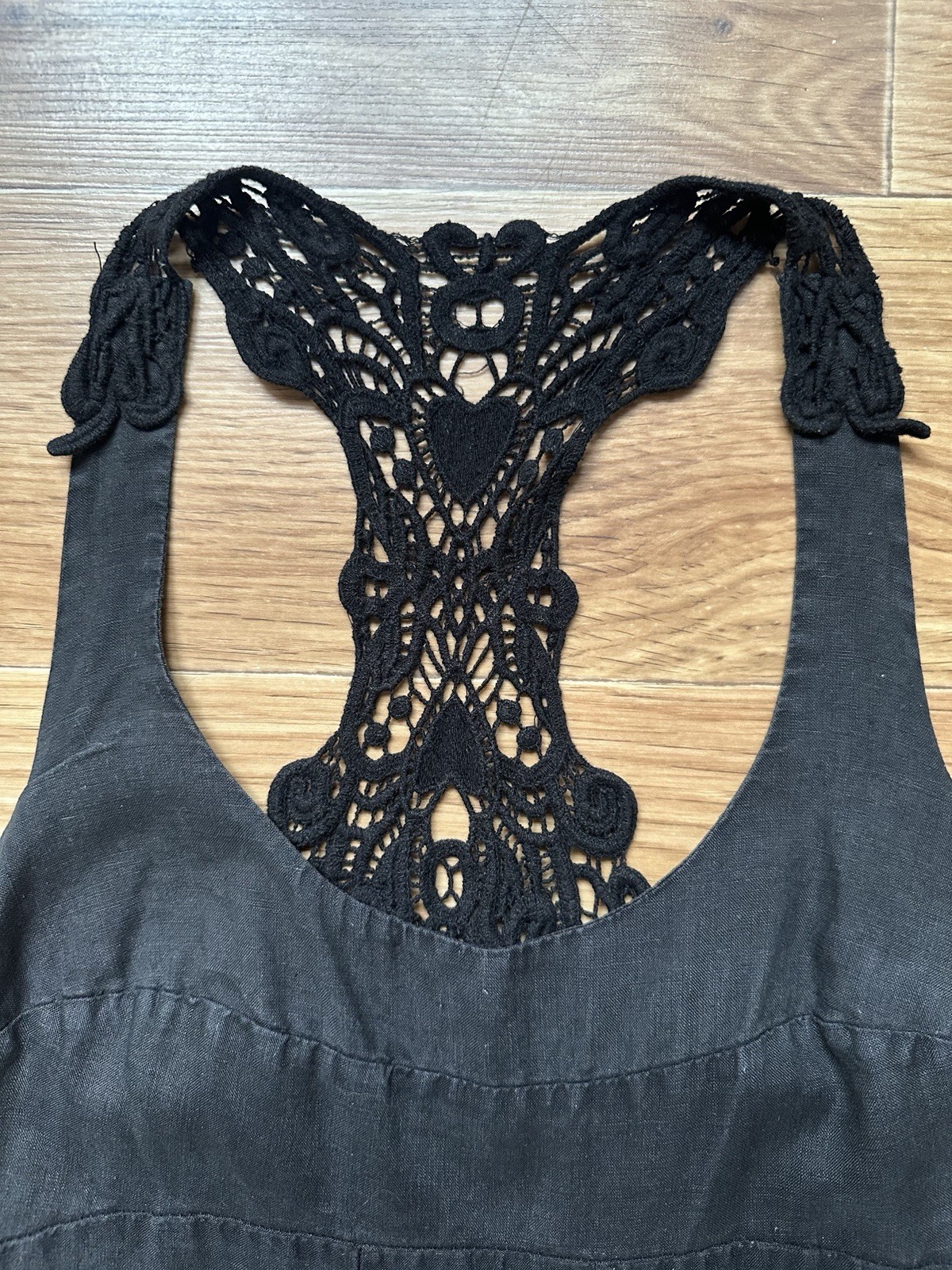 Didier Parakian Vintage Black Linen Maxi Dress Crochet Lace Y2K Gothic Sz 38