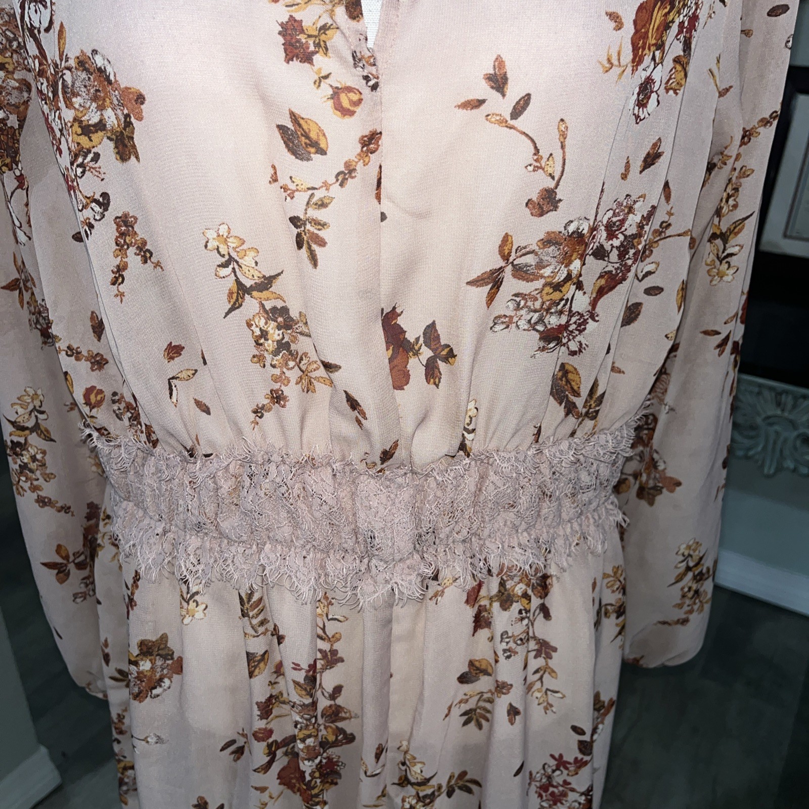 Bohemian Pink Floral Sheer Illusion Overlay Dress Cottage Core High Neck Sz L