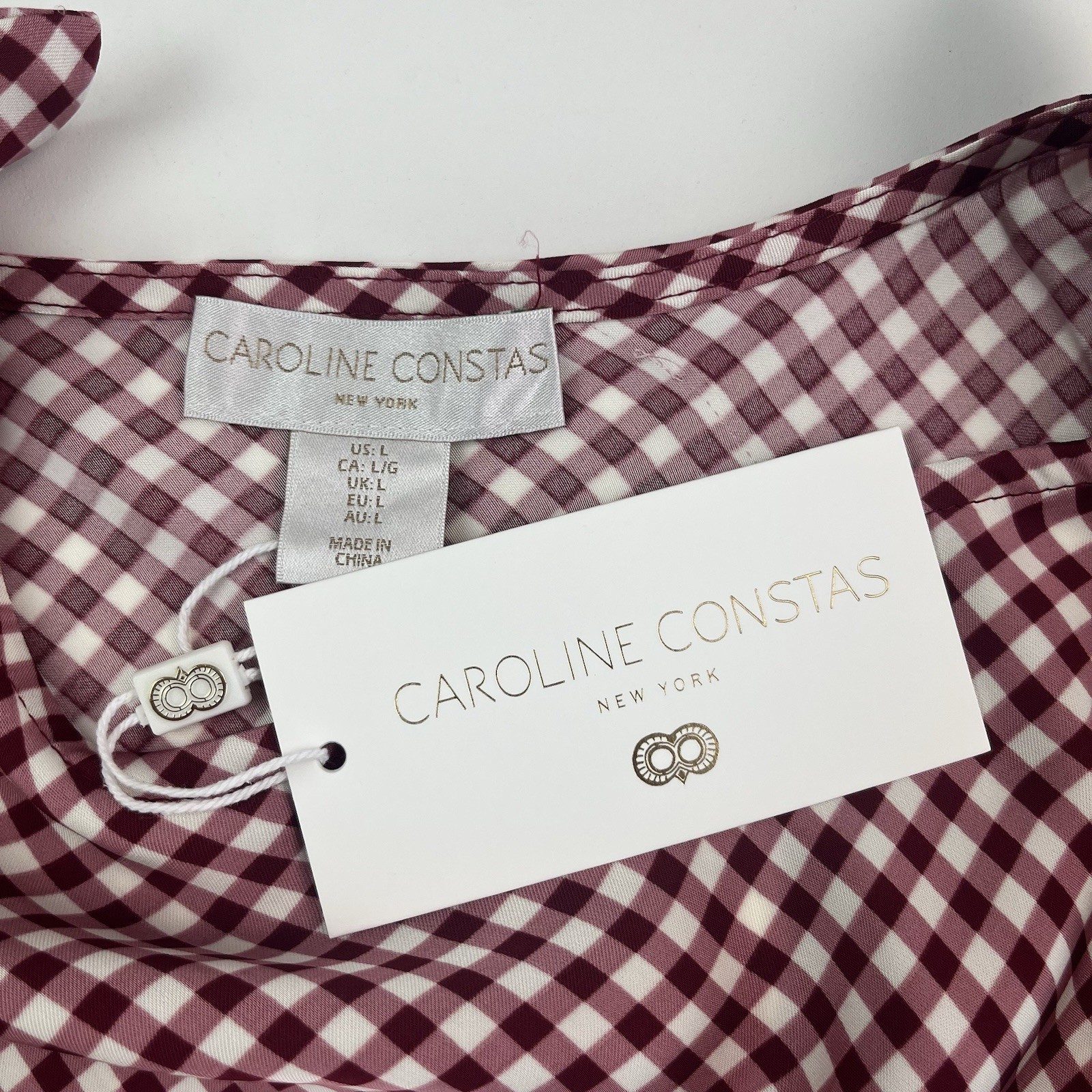 Caroline Constas Burgundy Gingham Maxi Dress L Tie Shoulder Bias Euro Summer NWT