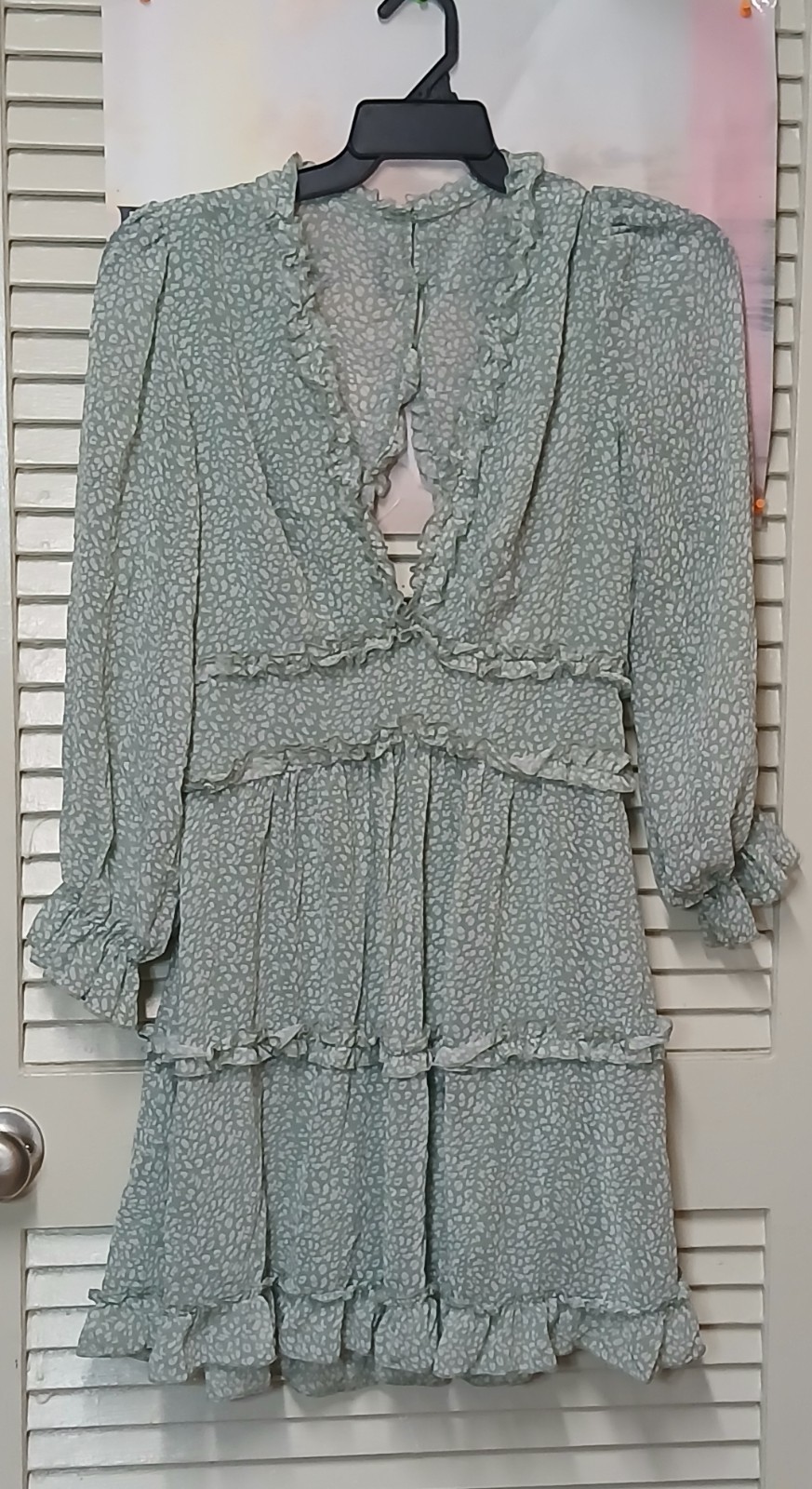 Green Tiered Mini Dress V Neck With Ruffles Backless Large