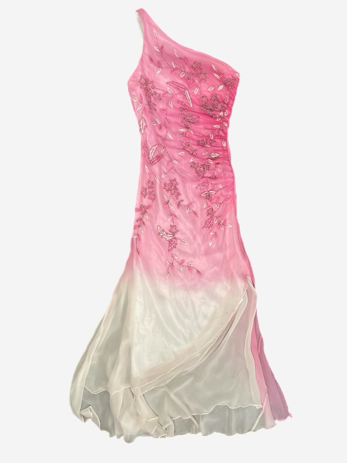 Vintage Y2K Cache Pink white silk ombre floral beaded asymmetric dress fairy XS