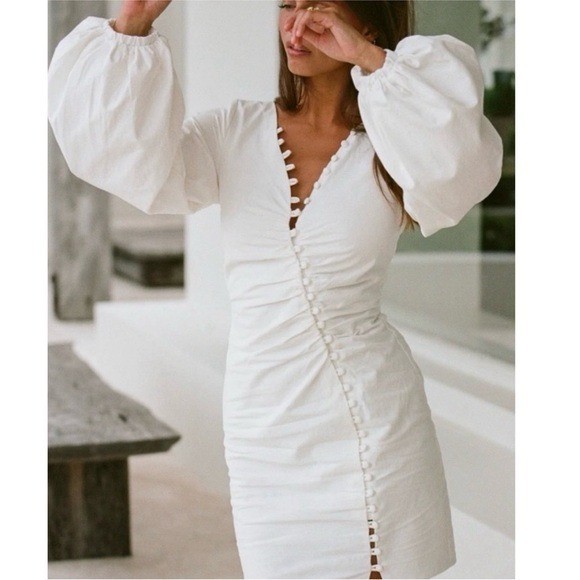 NWOT Sabo Minna Button-Up Ruched Balloon Sleeve Mini Dress White 6
