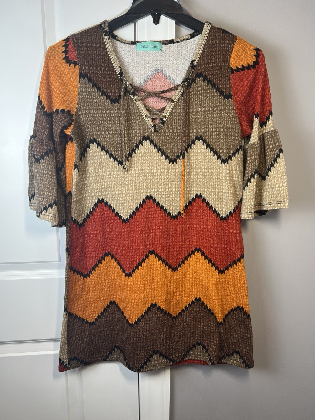 Filly Flair Dress Womens M Tan Orange Red Brown Black Chevron Western Cowgirl