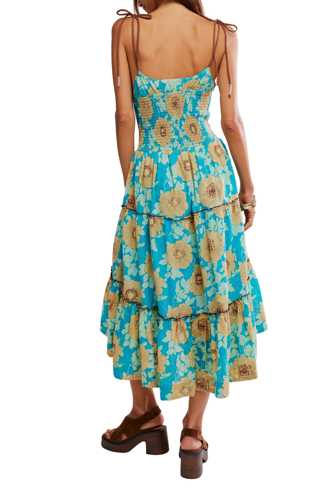 NEW, FREE PEOPLE Adriel Tie Strap Tiered Midi Dress in Ocean Combo Sz L #MD1945