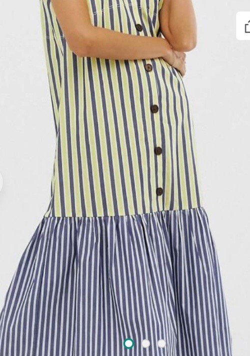 ASOS Sundress Blue Yellow Stripe Peplum Midi Smock Button Front Tie Sleeves US 0
