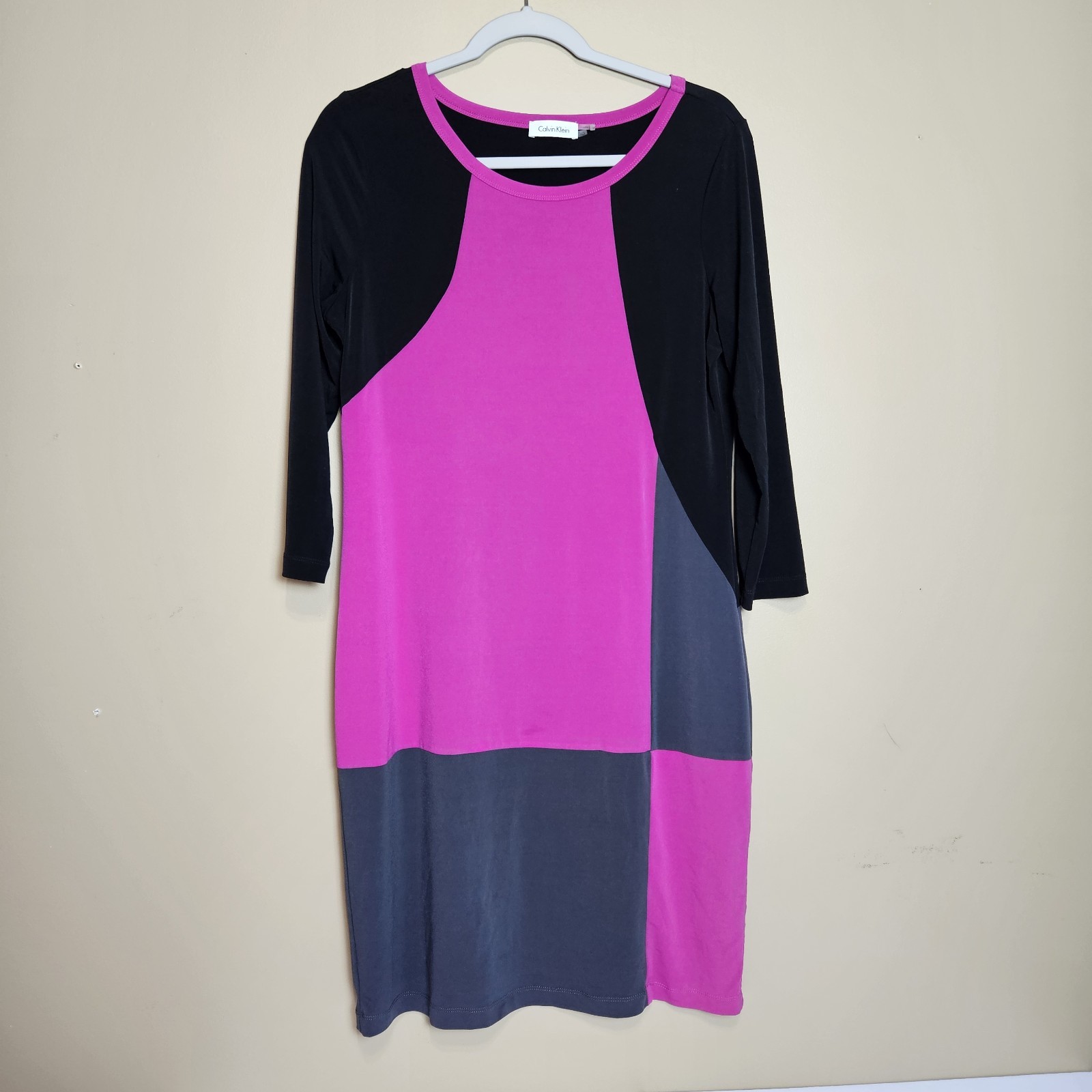 Calvin Klein Women’s Size 10 Colorblock Sheath Dress Pink Gray Black Midi