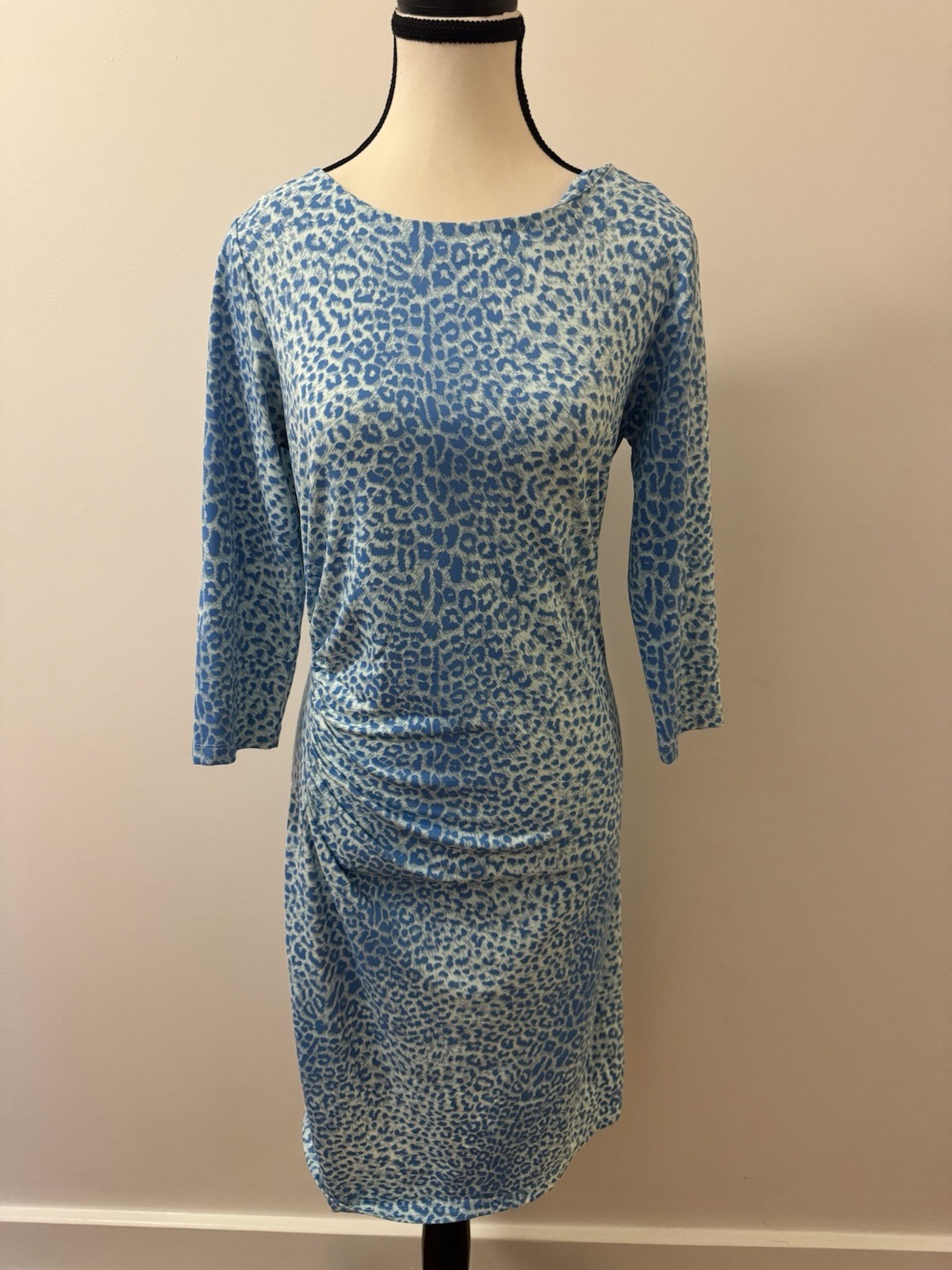 J McLaughlin Blue Leopard Print Ruched Sheath Dress Women’s Medium