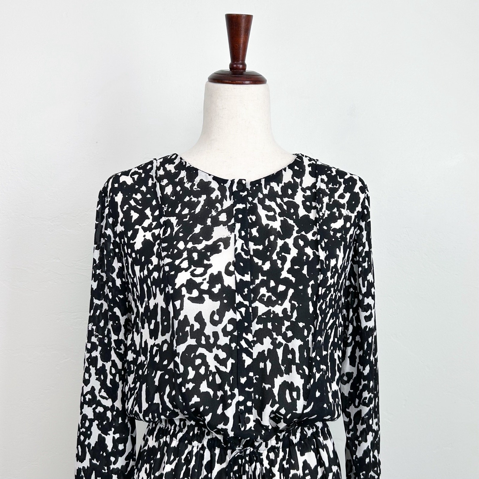 A.L.C. 100% Silk Black White Drawstring Waist Long Sleeve Simona Shirtdress XS