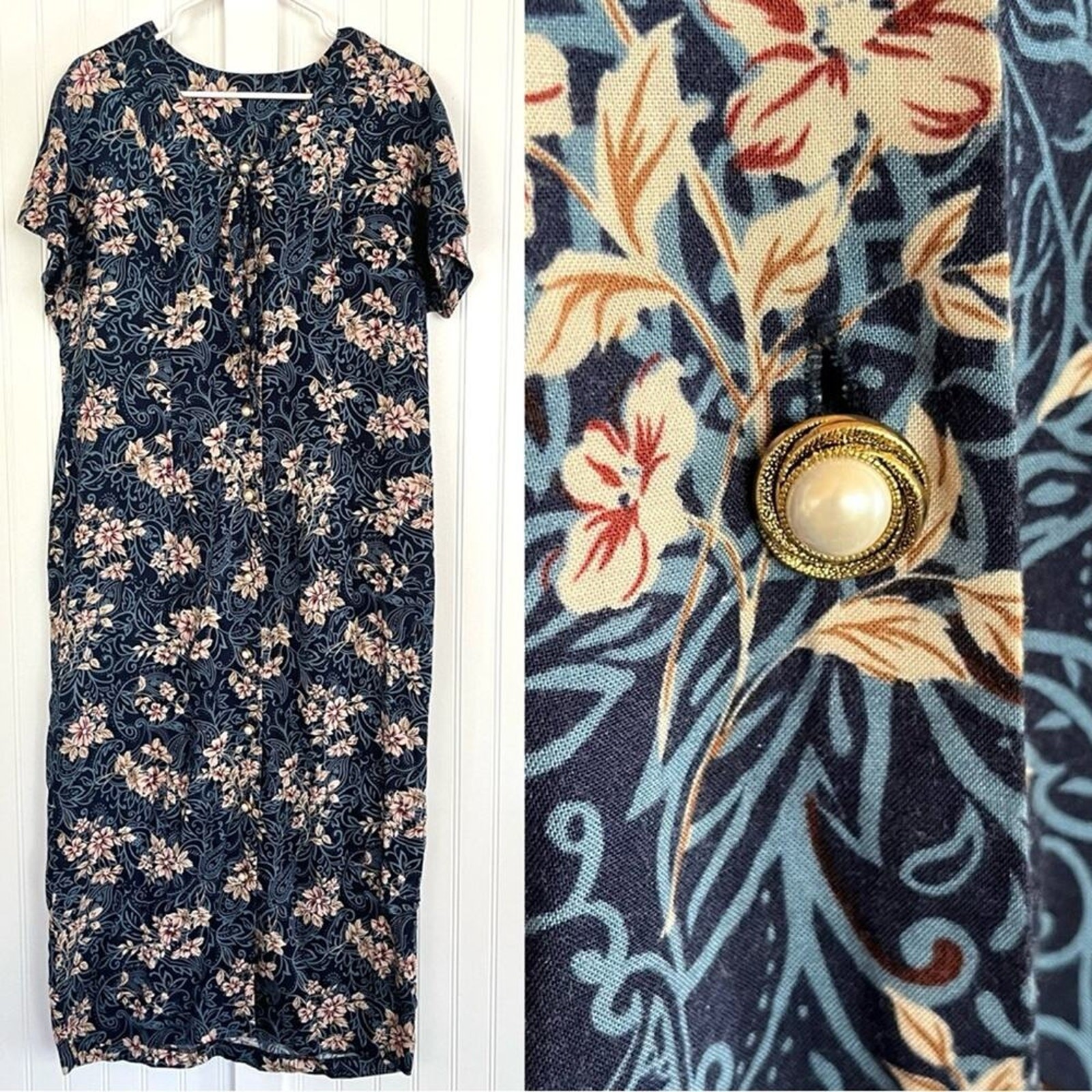 Vintage 90s Blue Floral Maxi Dress Neck Bow Full Button Down Waist Tie Pearl