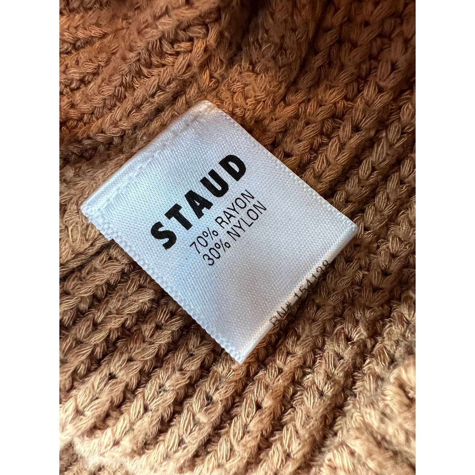 Staud Marleybone Neutral Camel Ribbed Knit Balloon Sleeve Mini Sweater Dress XS