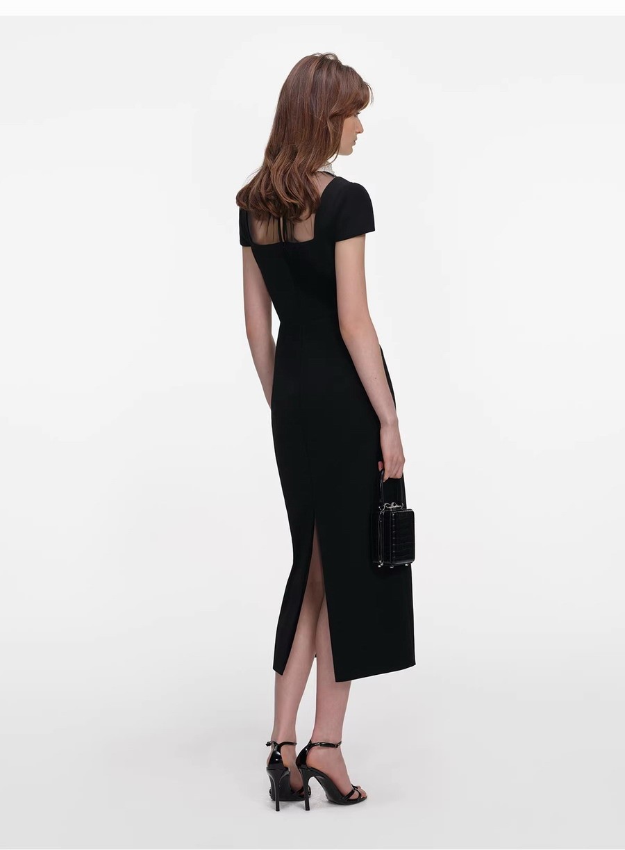 Women Self-Portrait Black Contrasting colors Turn-down collar Beaded Dresses