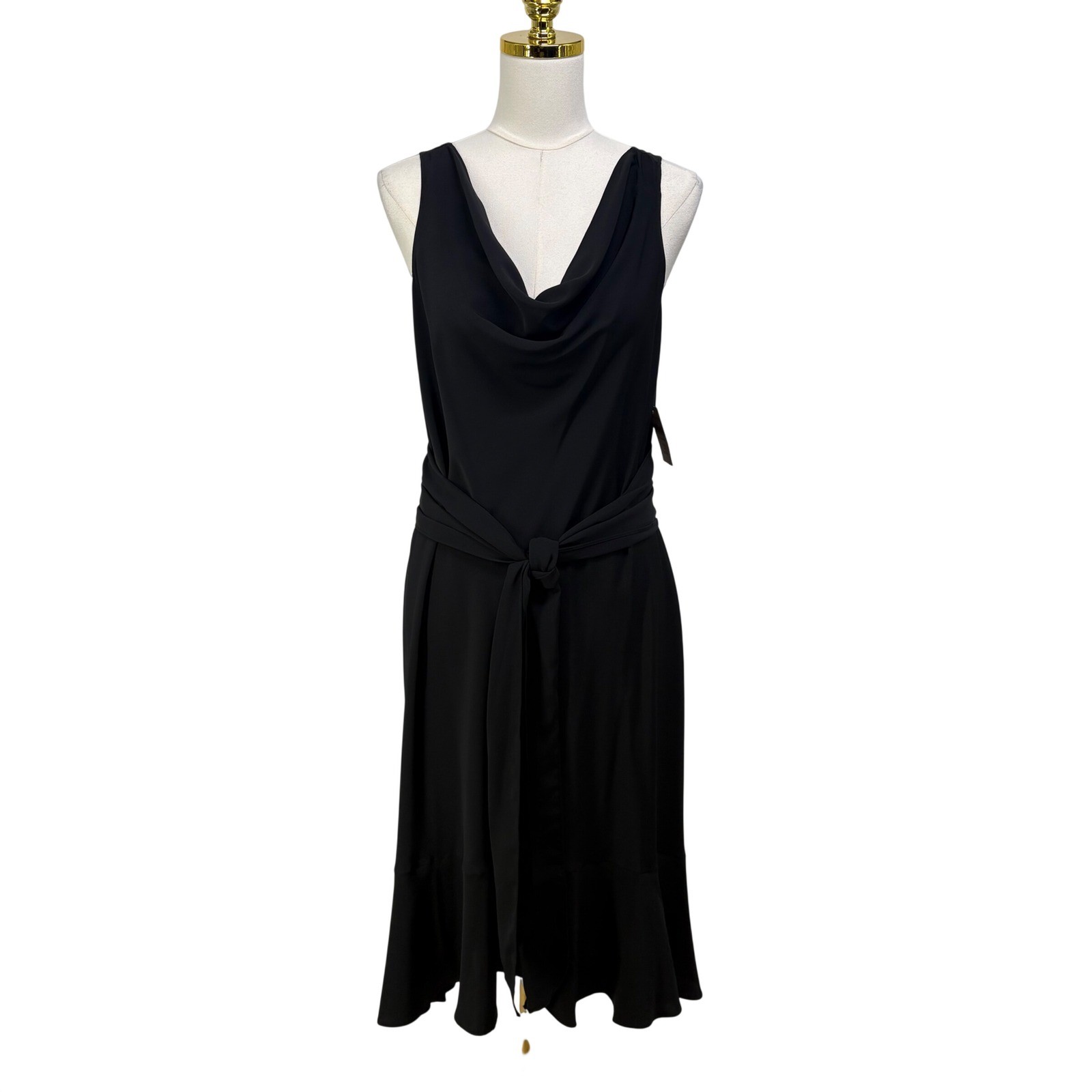 Coldwater Creek Black Tie Waist Cowl Neck Midi Dress Petite 14 P14 Minimal Chic
