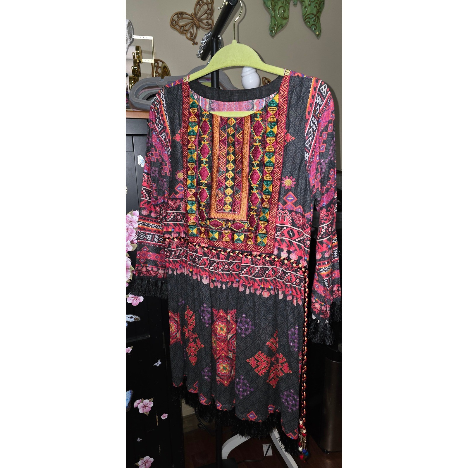 Punjabi Paranda Embroidered Tunic Dress with Kuchi Tassels 19″ ptp