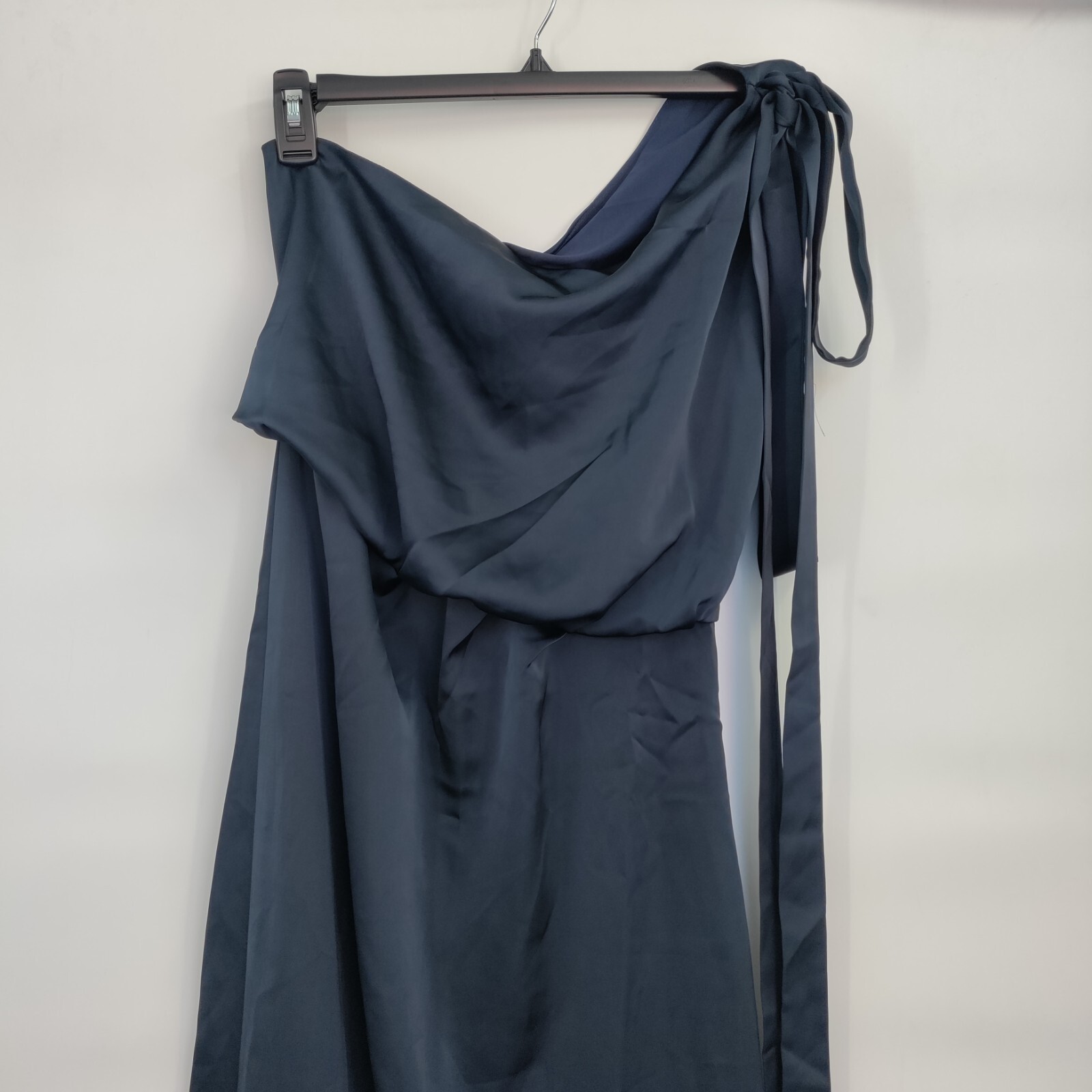 New Amylynn Satin One Shoulder Tie Sash Asymmetrical Midi Dress Small Women Blue