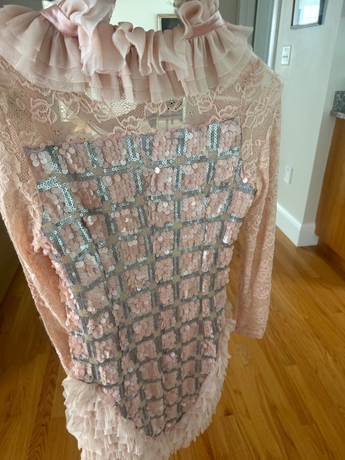 Sendi Vela Stunning peach and Silver sequinned dress laced long sleeves sz small