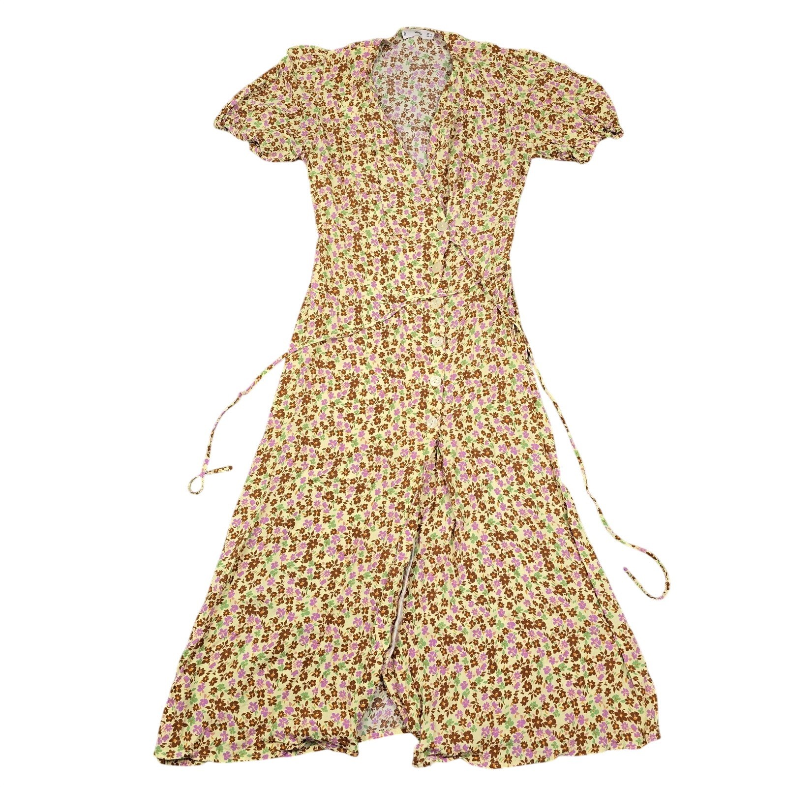 MNG Dress Womens 2 Yellow Floral Wrap Midi Puff Sleeve V Neck Button Belted