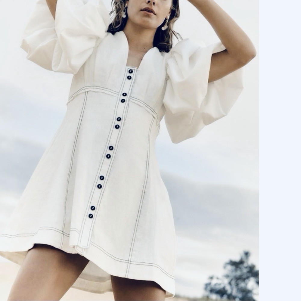 AJE Dress Size 10 Medium M / US 6 Cherished Mini White Linen Puff Sleeves