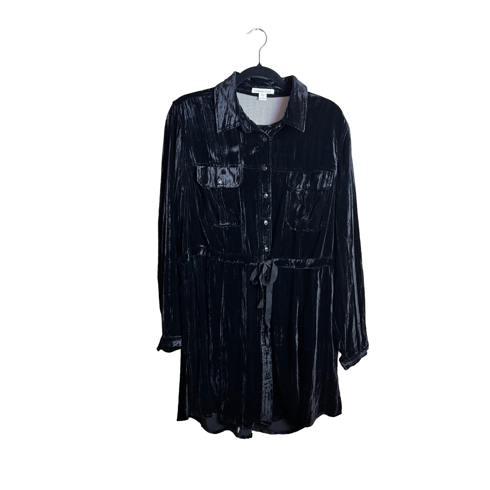 Coldwater Creek Black Silk Blend Crushed Velvet Shirt Dress Womens 12 Whimsigoth