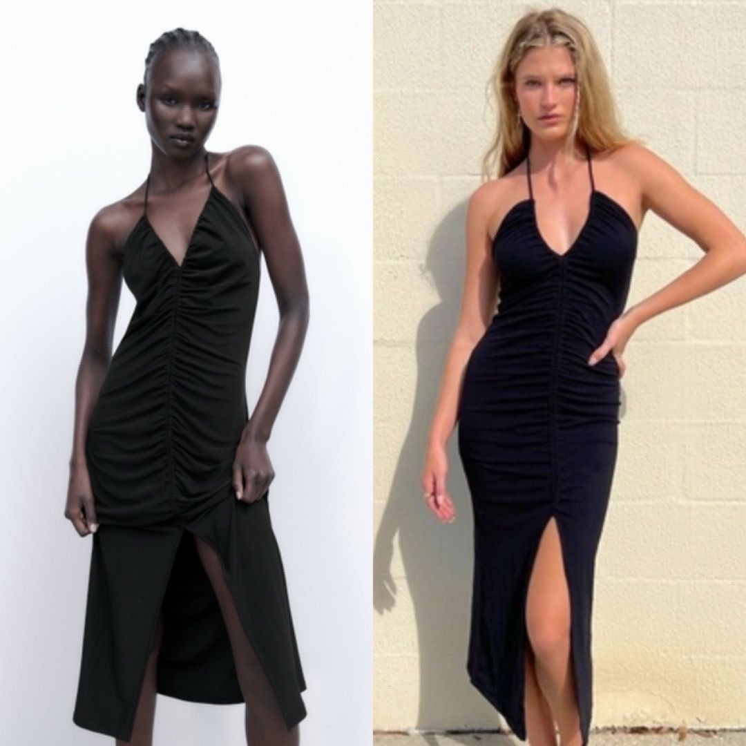 New Zara Ruched Black Dress – Halter, Adjustable, Midi, Fashion, Style, Cinched